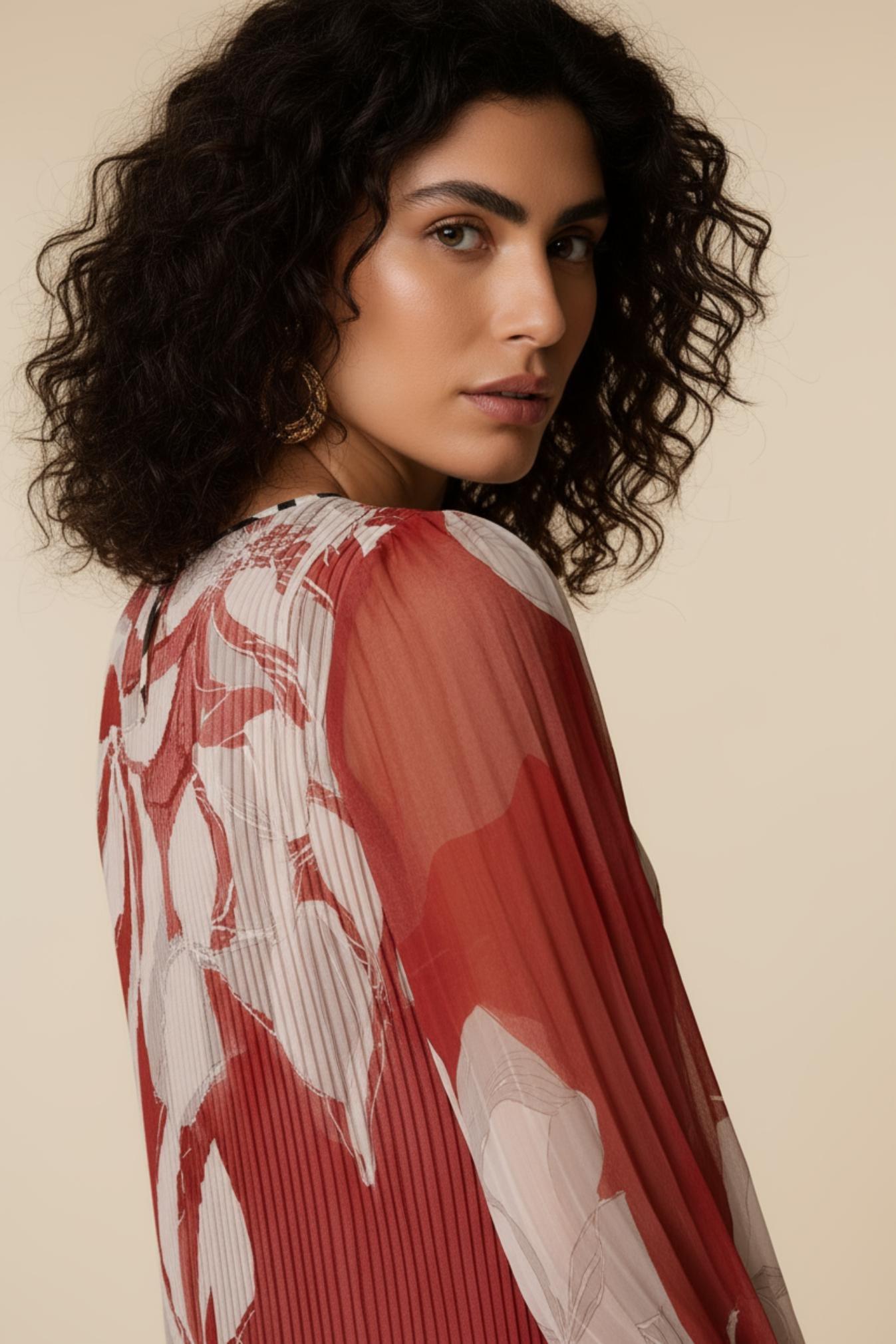 Red Pleated Printed Dress, Red, large image number 5