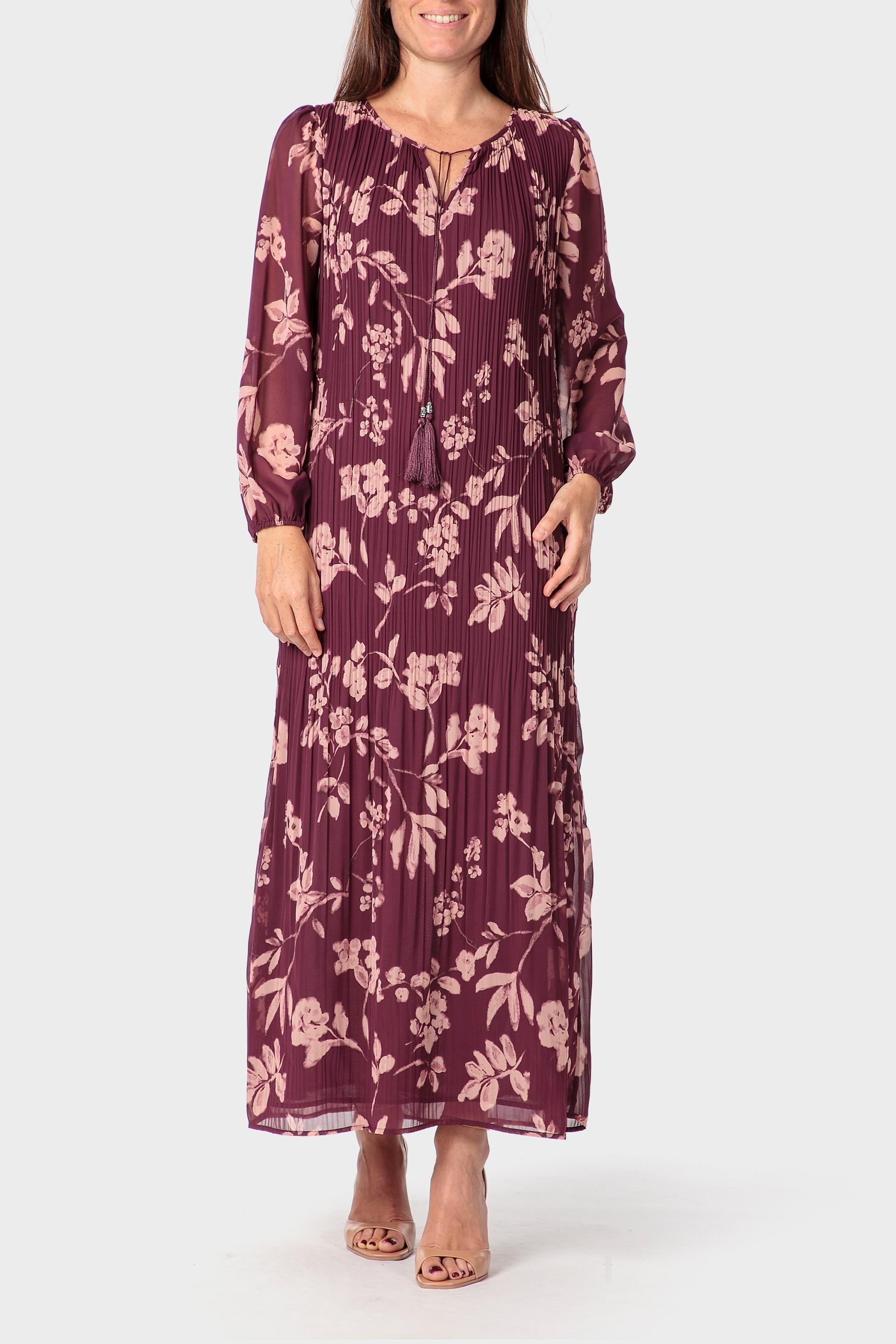 Burgundy Pleated Printed Dress, , large image number 0