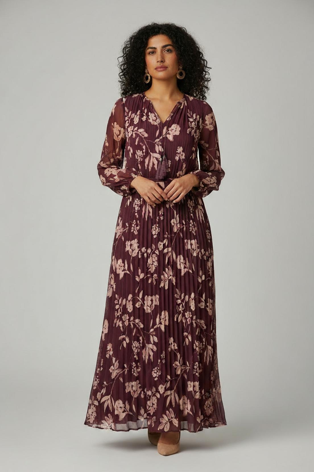 Burgundy Pleated Printed Dress, Garnet, medium