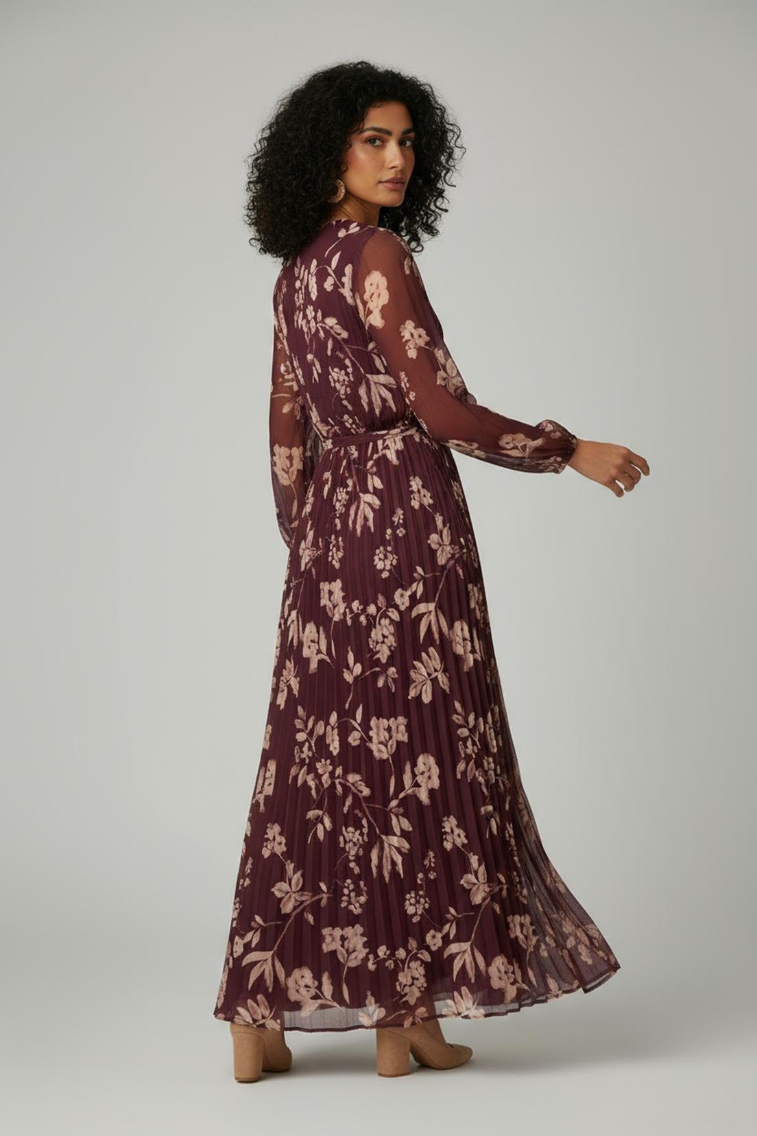 Burgundy Pleated Printed Dress, Garnet, medium