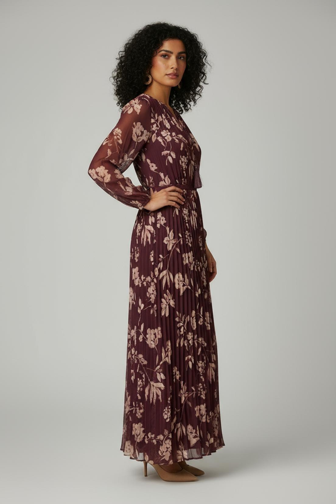 Burgundy Pleated Printed Dress, Garnet, medium