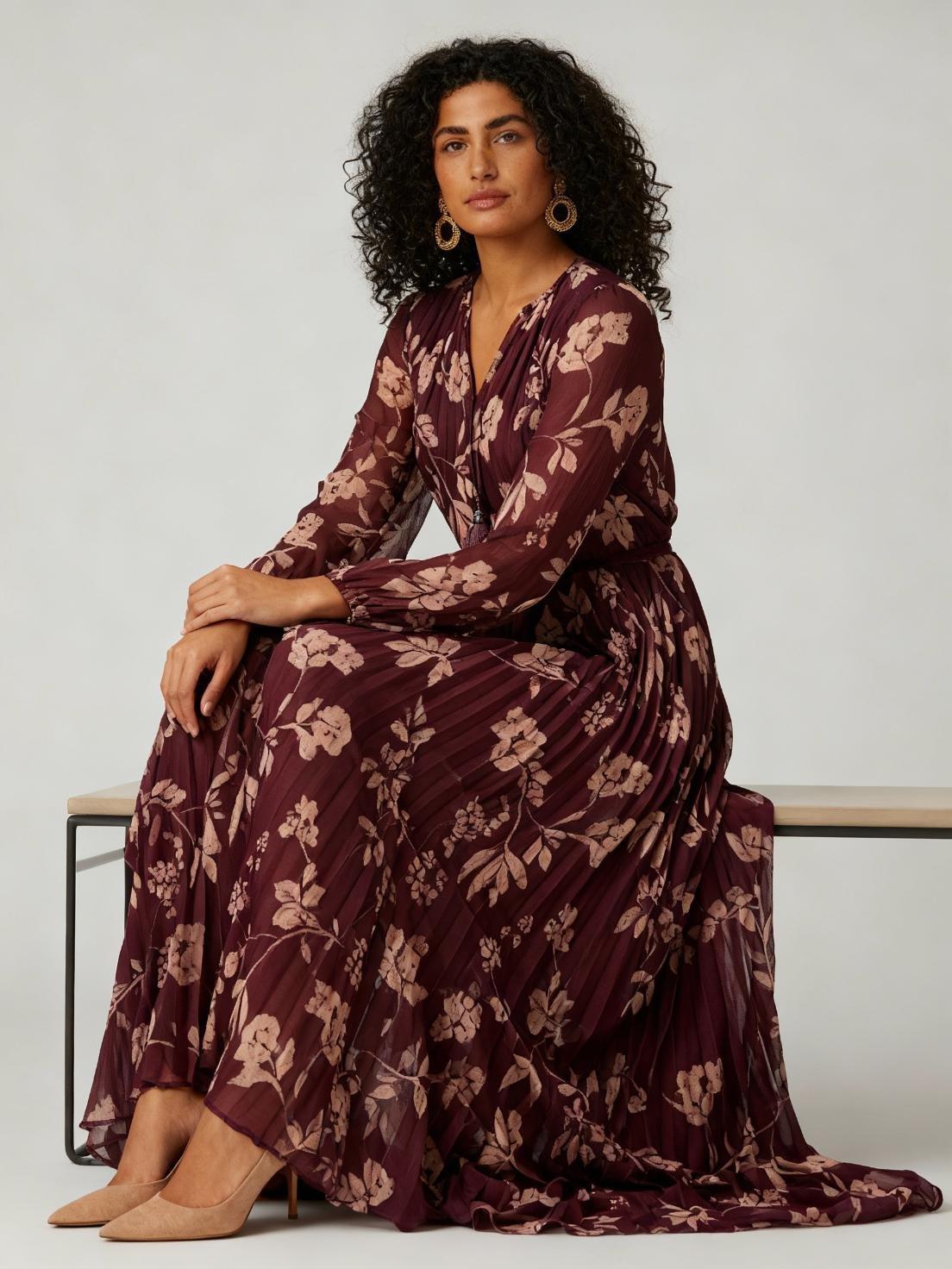 Burgundy Pleated Printed Dress, 3701_108, medium