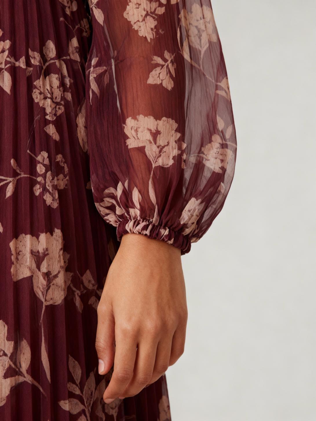 Burgundy Pleated Printed Dress, 3701_108, large image number 4