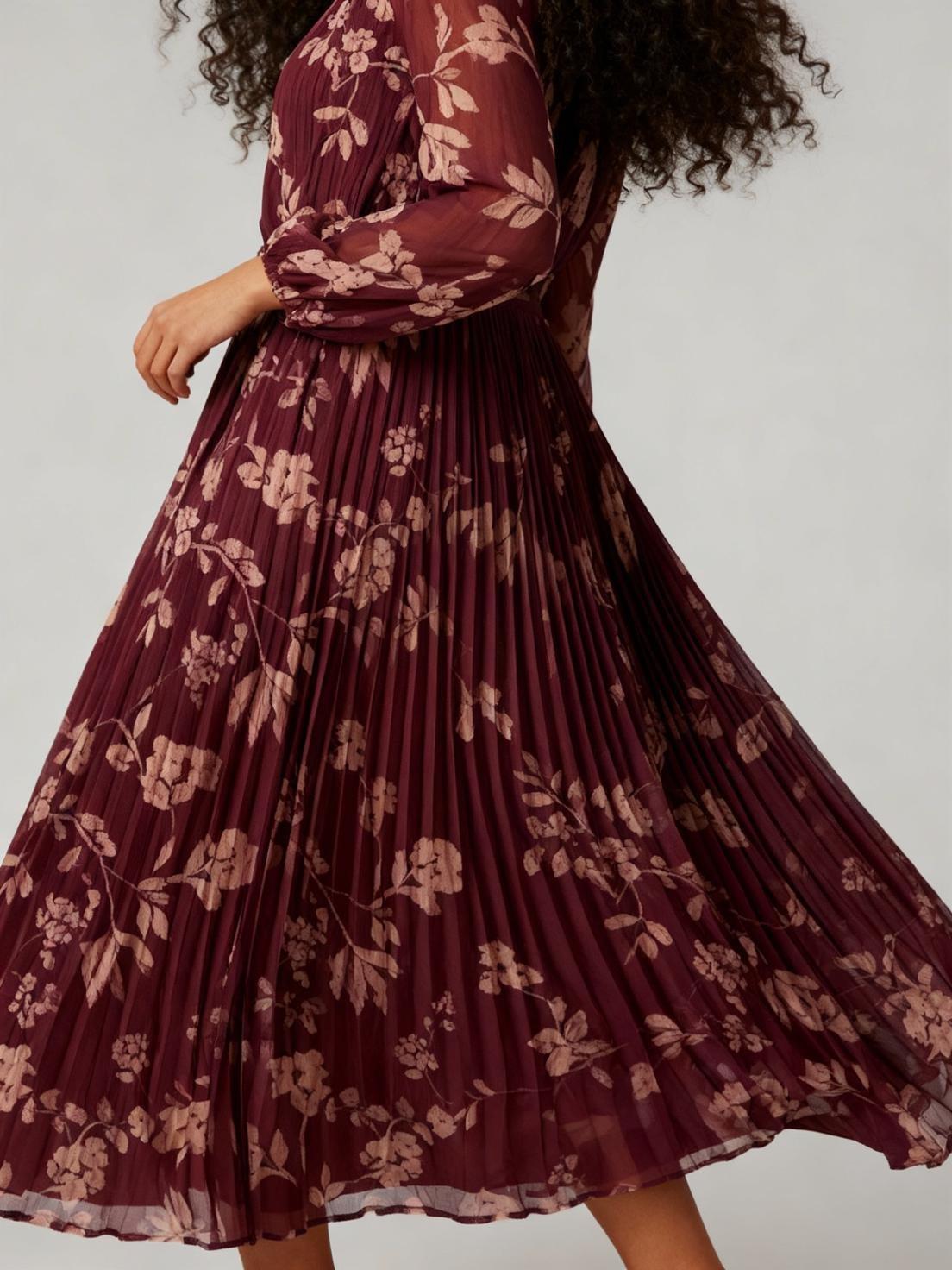 Burgundy Pleated Printed Dress, 3701_108, large image number 5