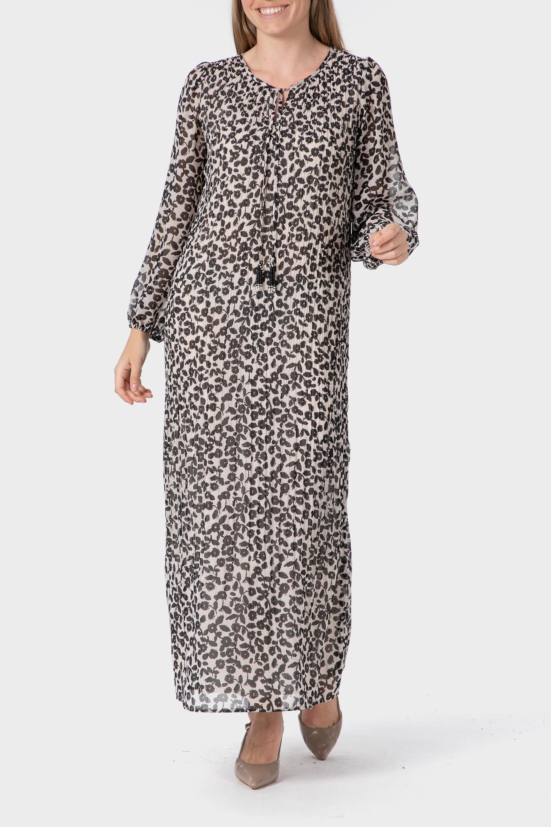 Black Pleated Printed Dress, Black, medium