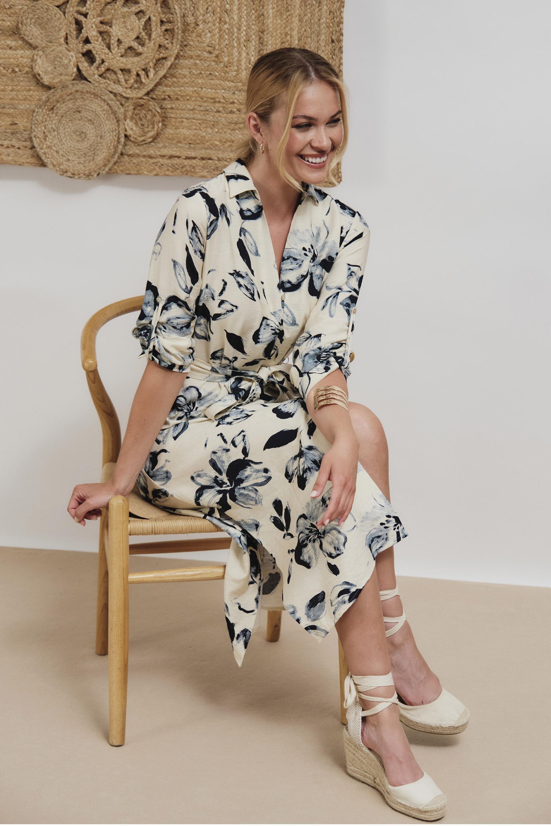 Cream Printed Dress, , large image number 0