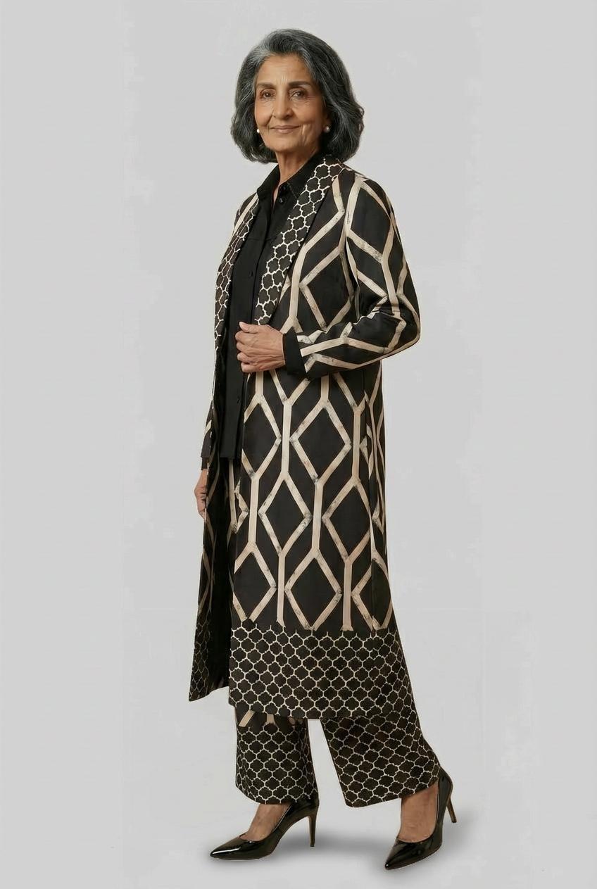 Geometric Print Longline Kimono, Black, large image number 1