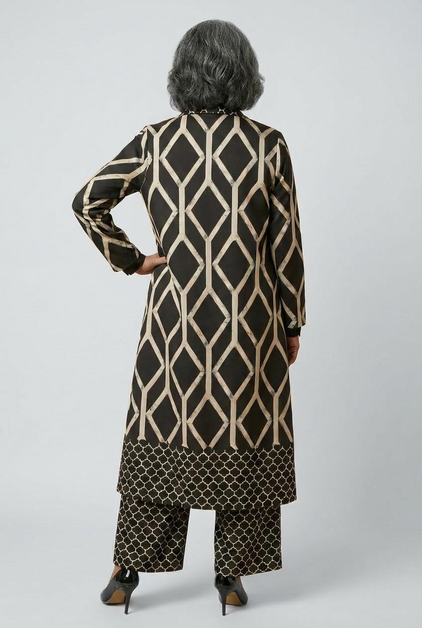 Geometric Print Longline Kimono, Black, large image number 2