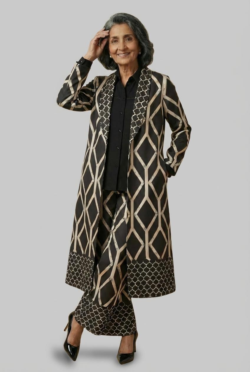 Geometric Print Longline Kimono, Black, large image number 3