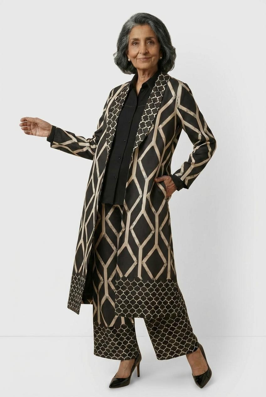 Geometric Print Longline Kimono, Black, large image number 4