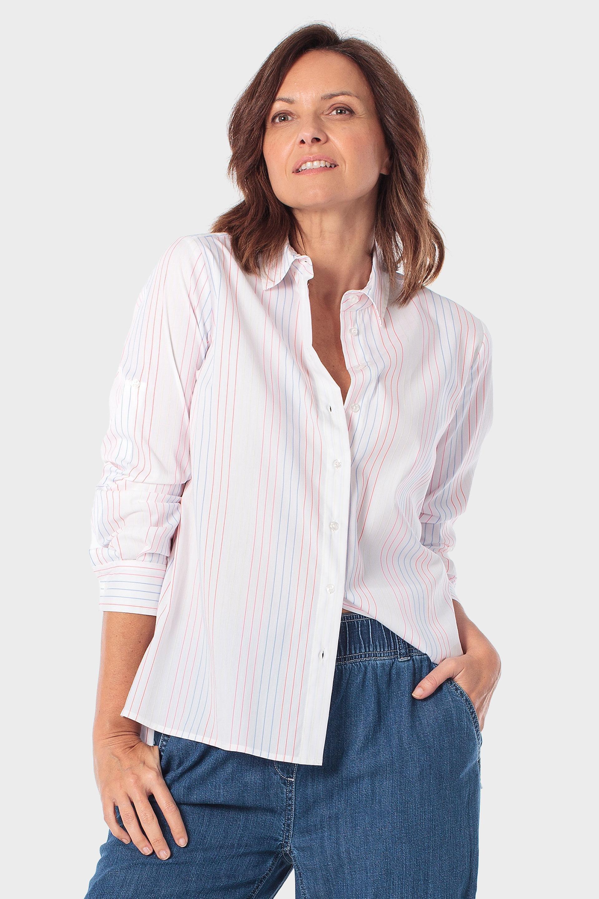 Striped Cotton Shirt with Button Cuffs Pink, Pink Sorbet, large