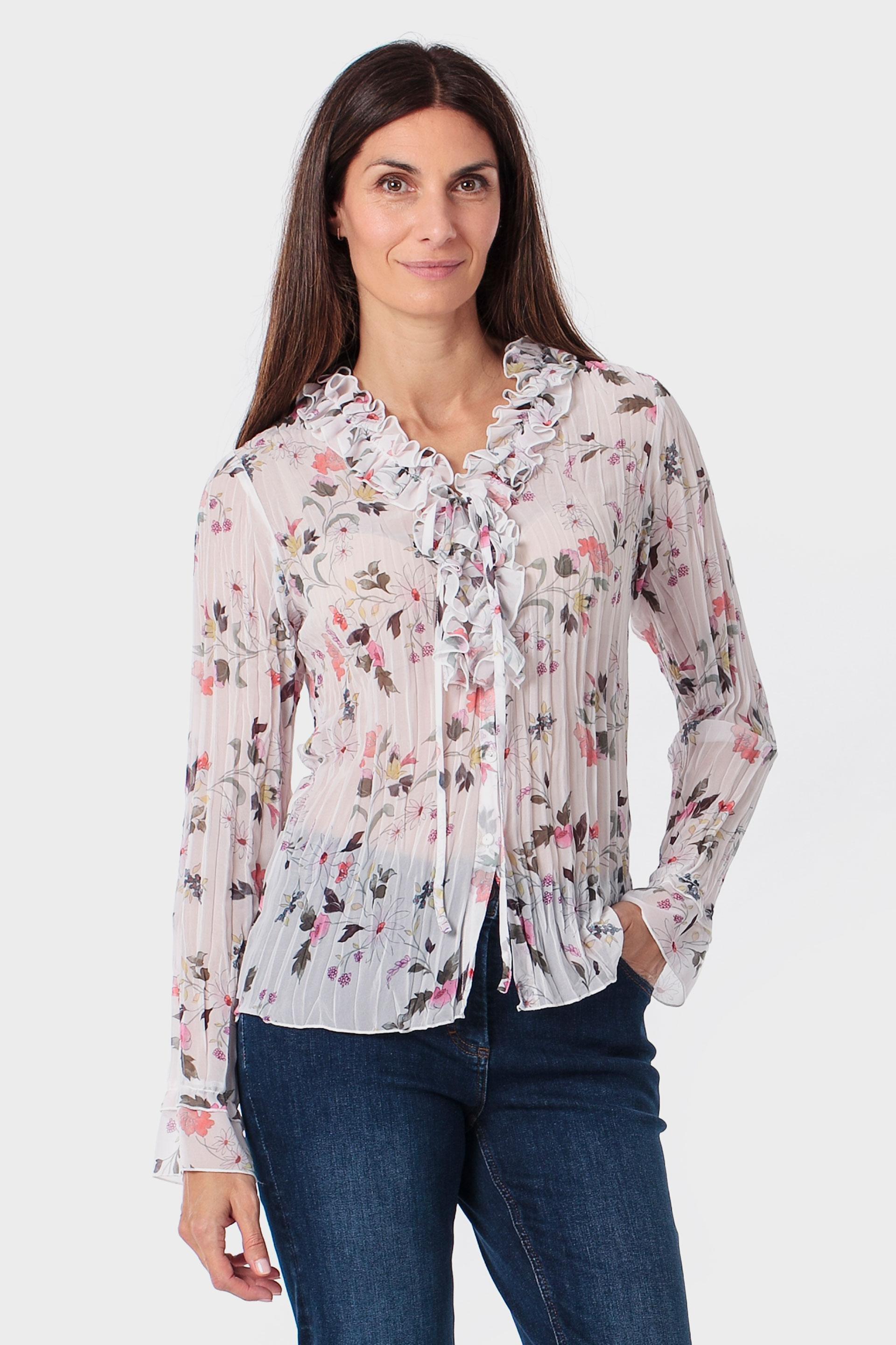 White Floral Pleated Shirt, 3701_112, large image number 0