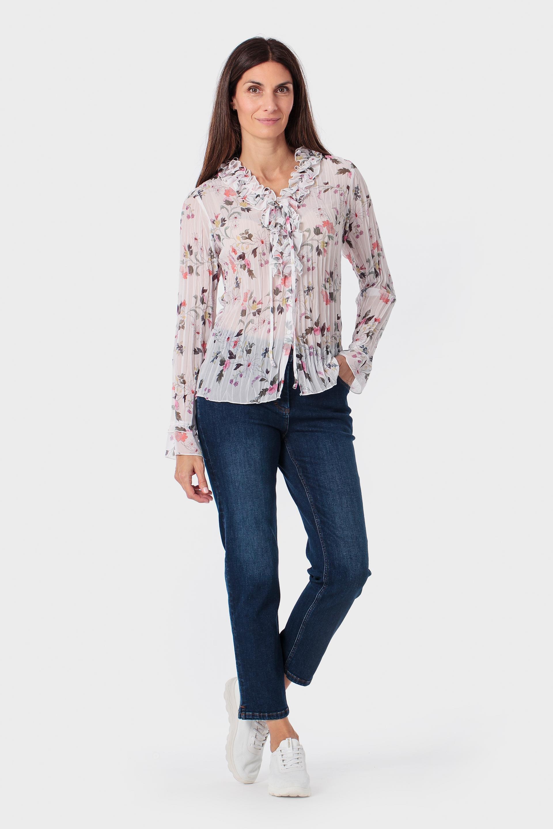 White Floral Pleated Shirt, 3701_112, large image number 1