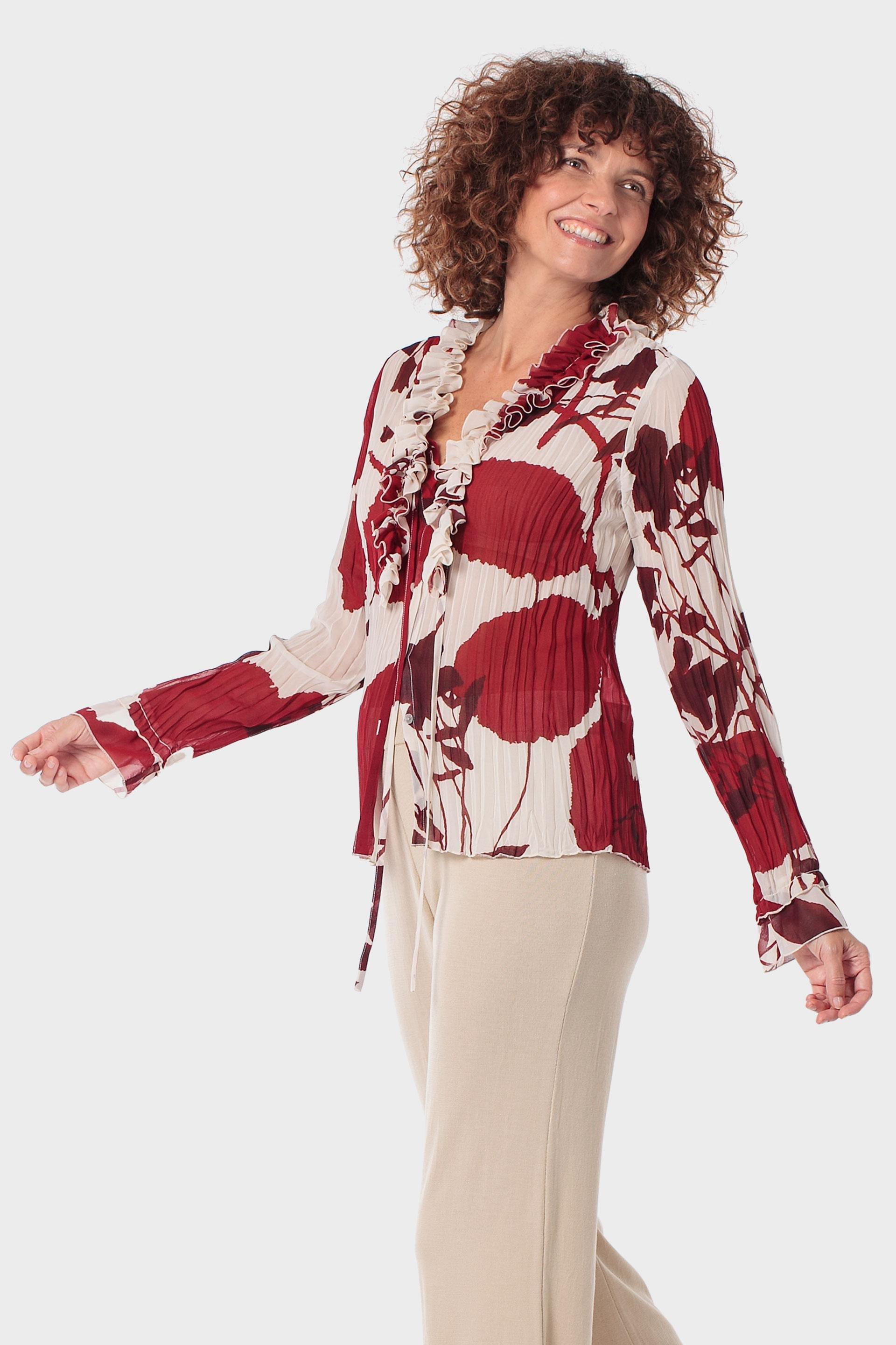 Printed Pleated Blouse with Ruffle Detail Beige, Beige Natual, large