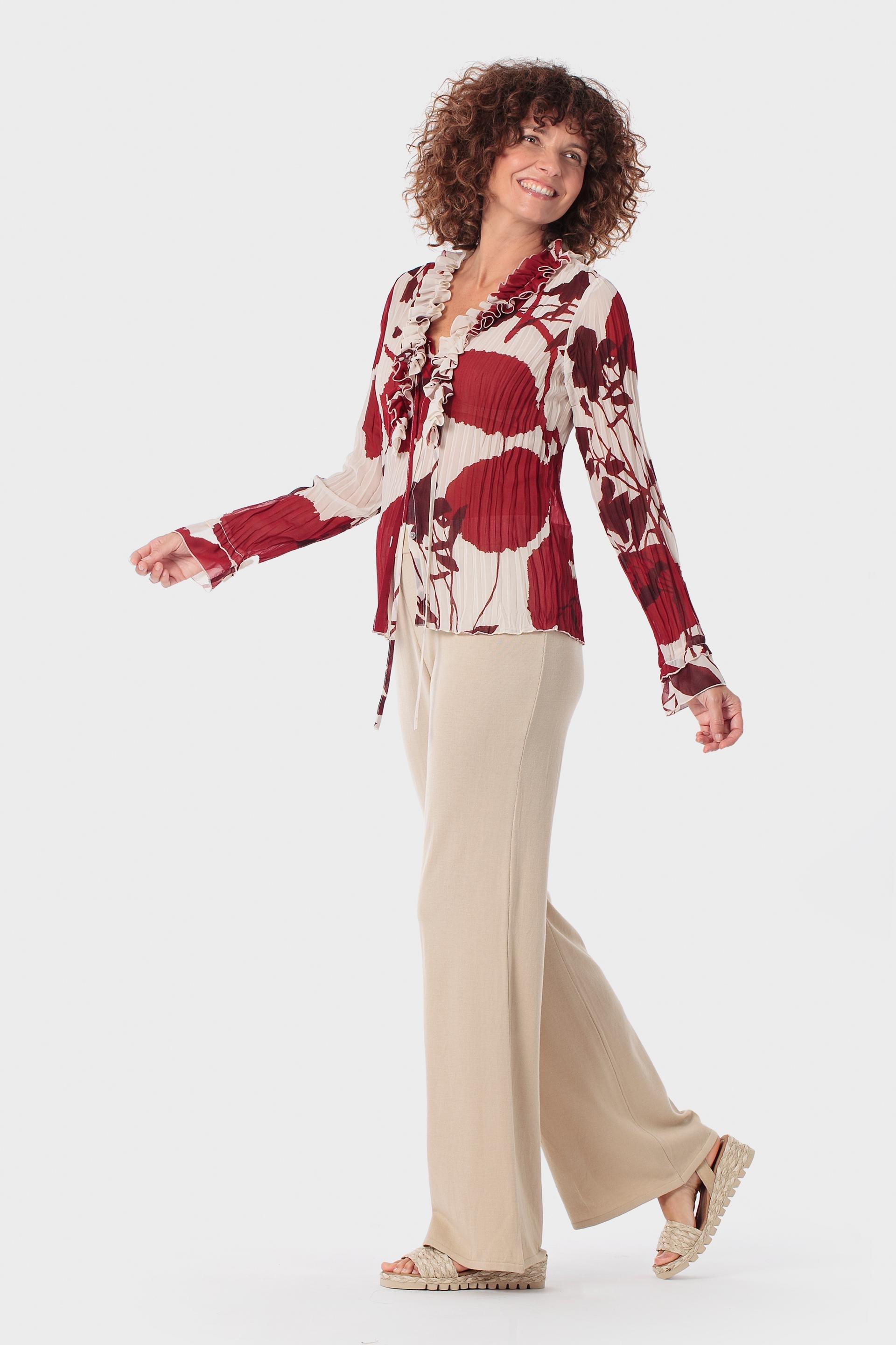 Printed Pleated Blouse with Ruffle Detail Beige, Beige Natual, large image number 1