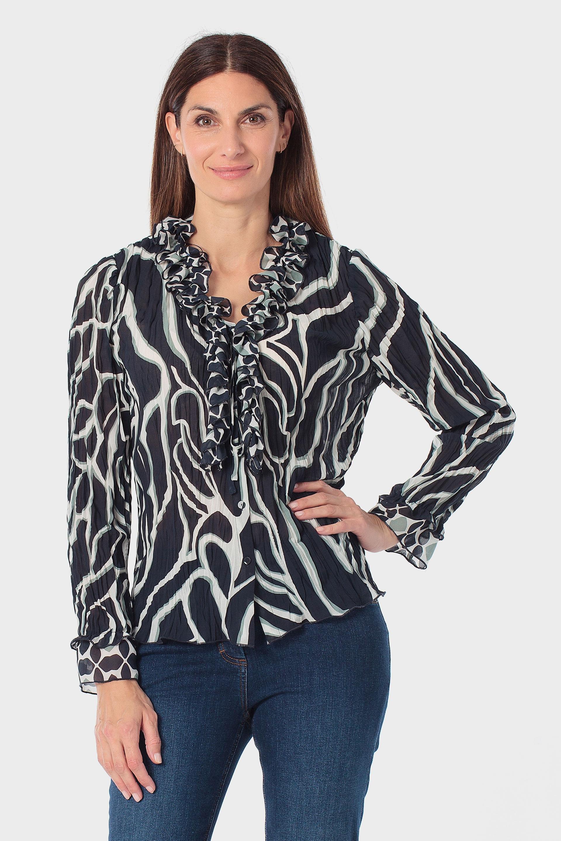 Navy Printed Pleated Shirt, 3701_104, large image number 0