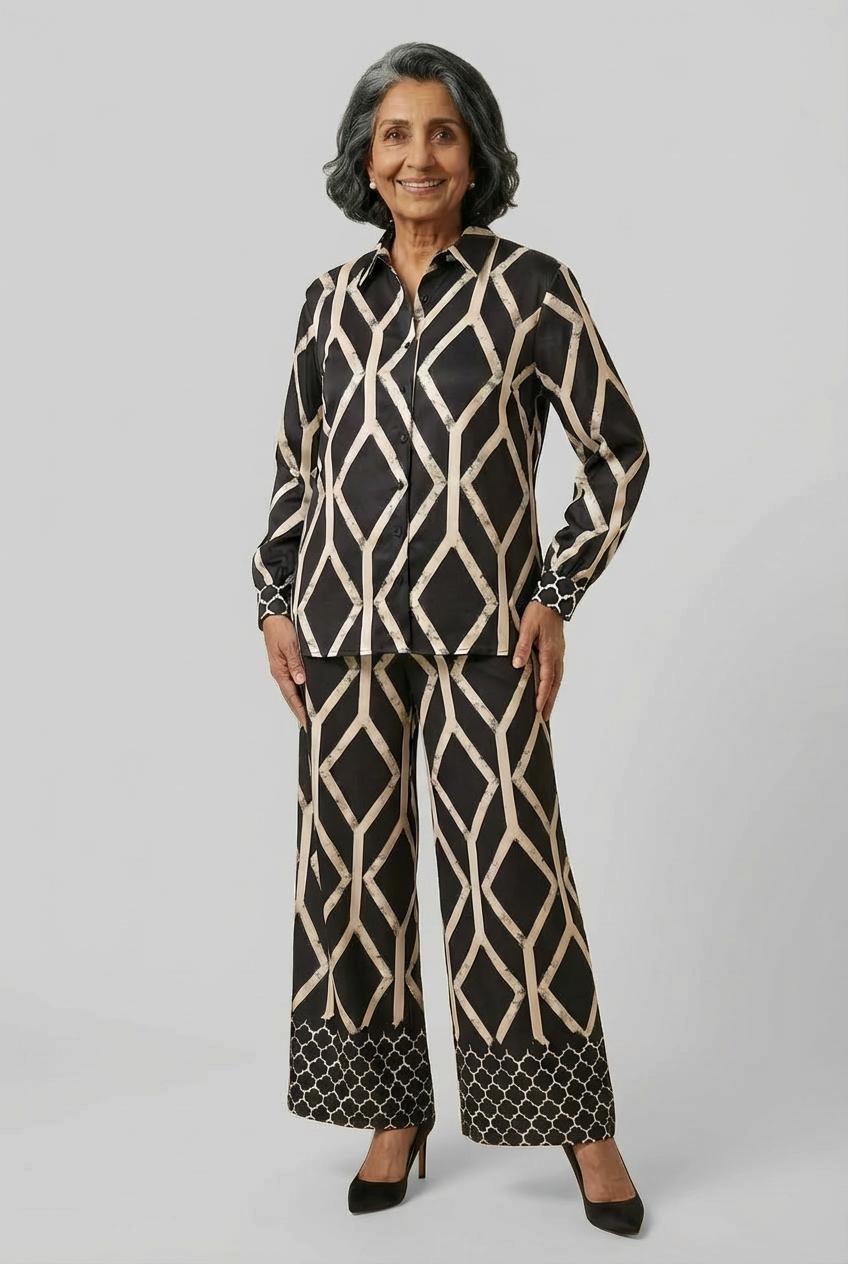 Geometric Print Button-Through Shirt Black, Black, large