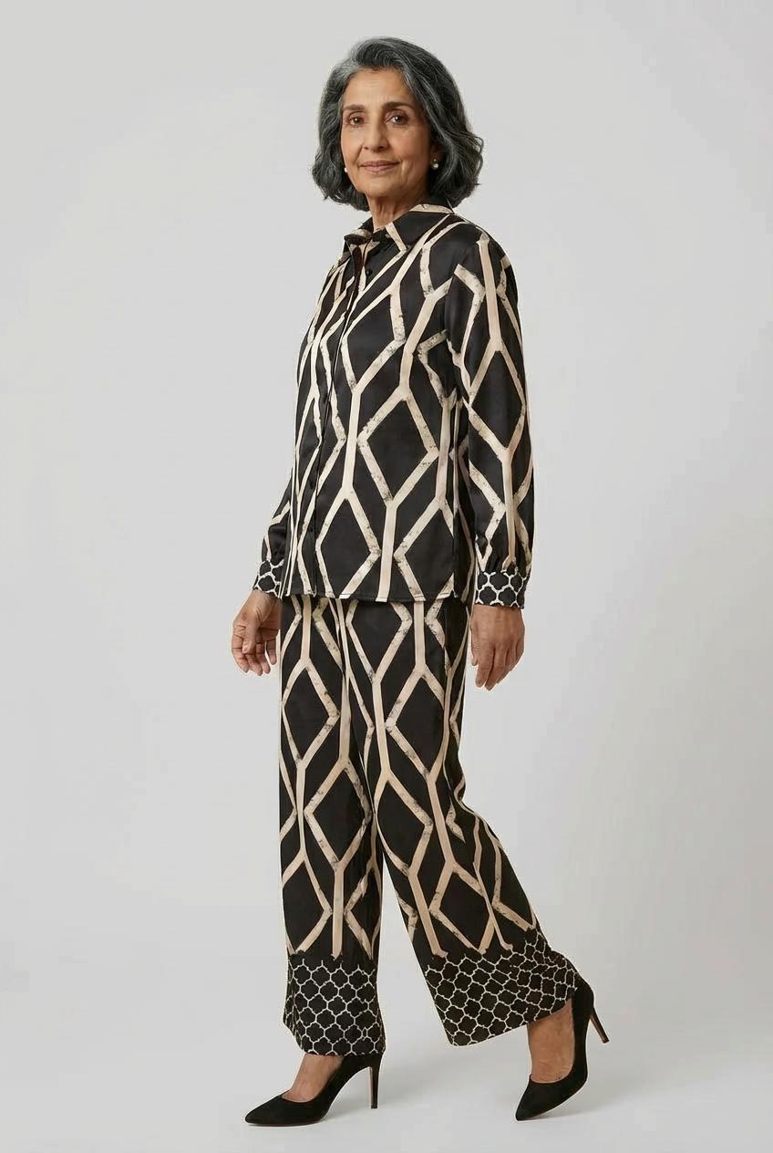 Geometric Print Button-Through Shirt, Black, medium