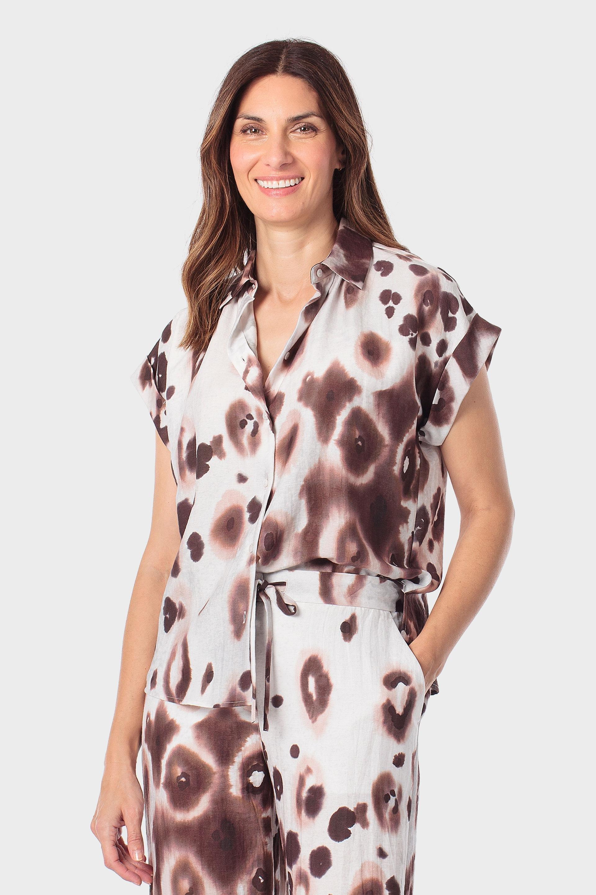Short-Sleeve Animal Print Shirt, Brown, large