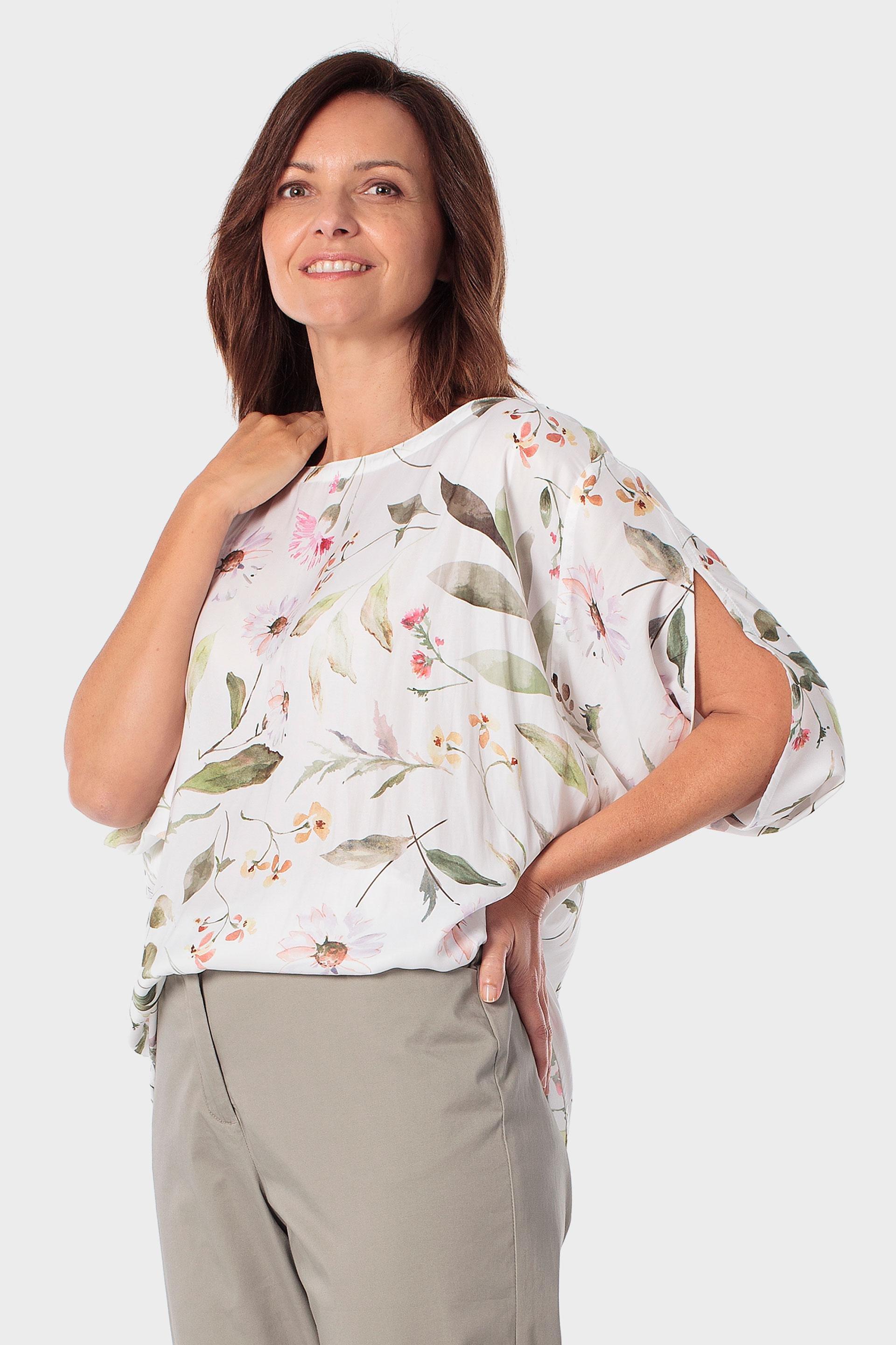Floral Print Open-Sleeve Blouse, Green Sage, medium