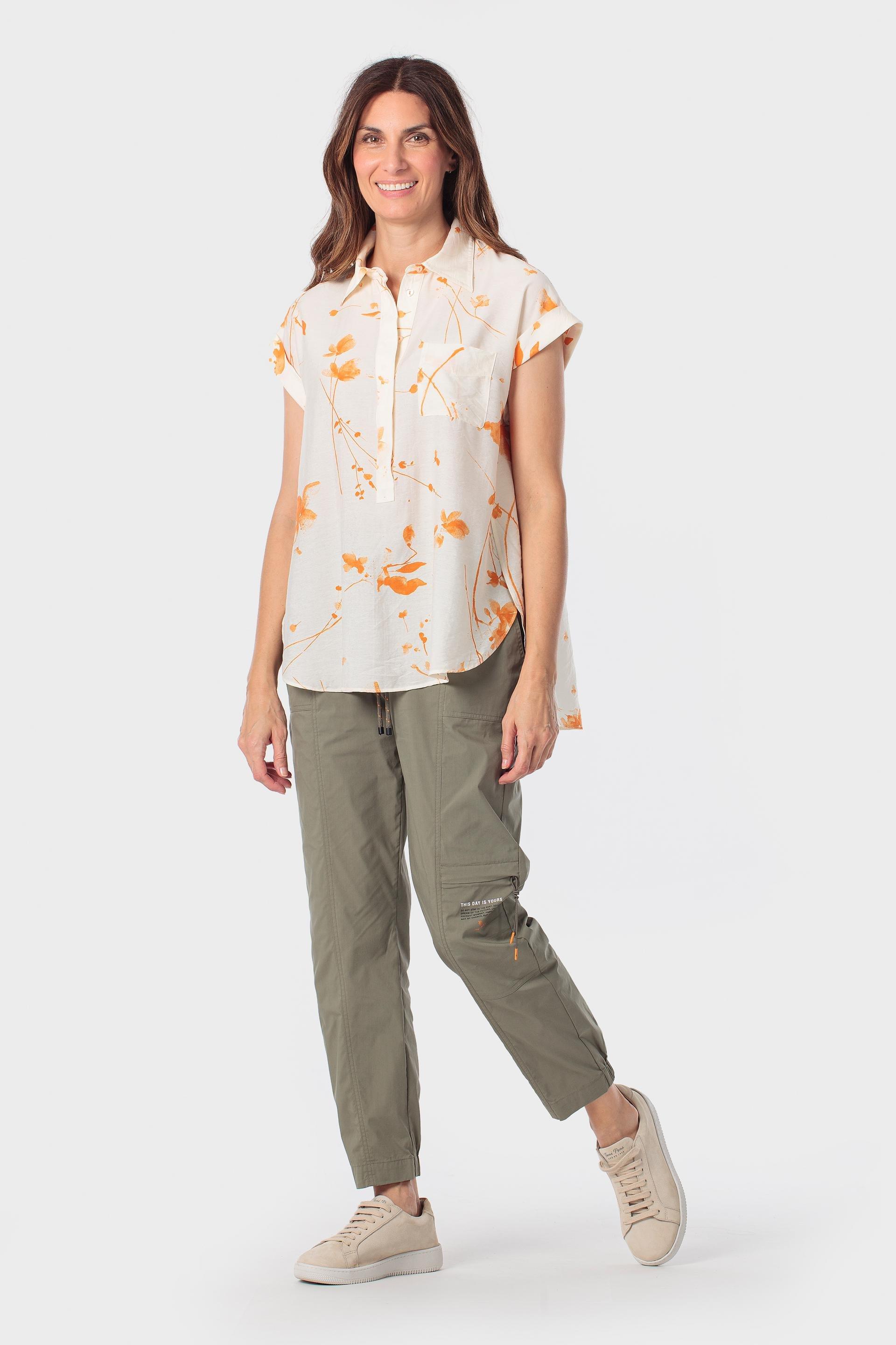 Orange Floral Print Loose Fitting Blouse, Orange, medium