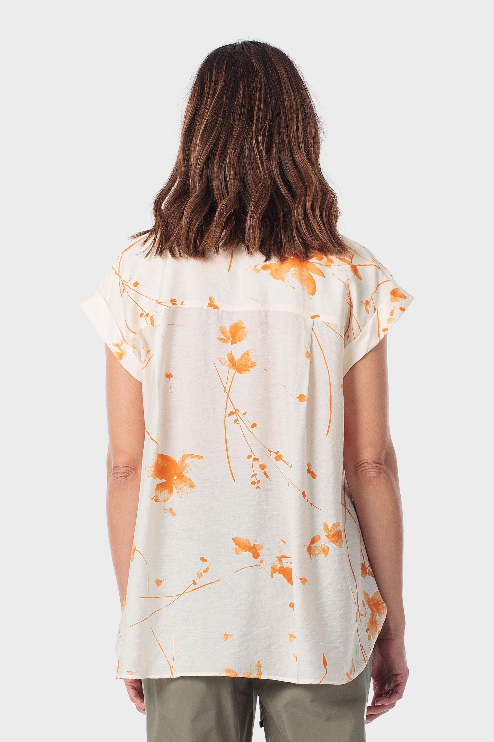 Orange Floral Print Loose Fitting Blouse, Orange, medium