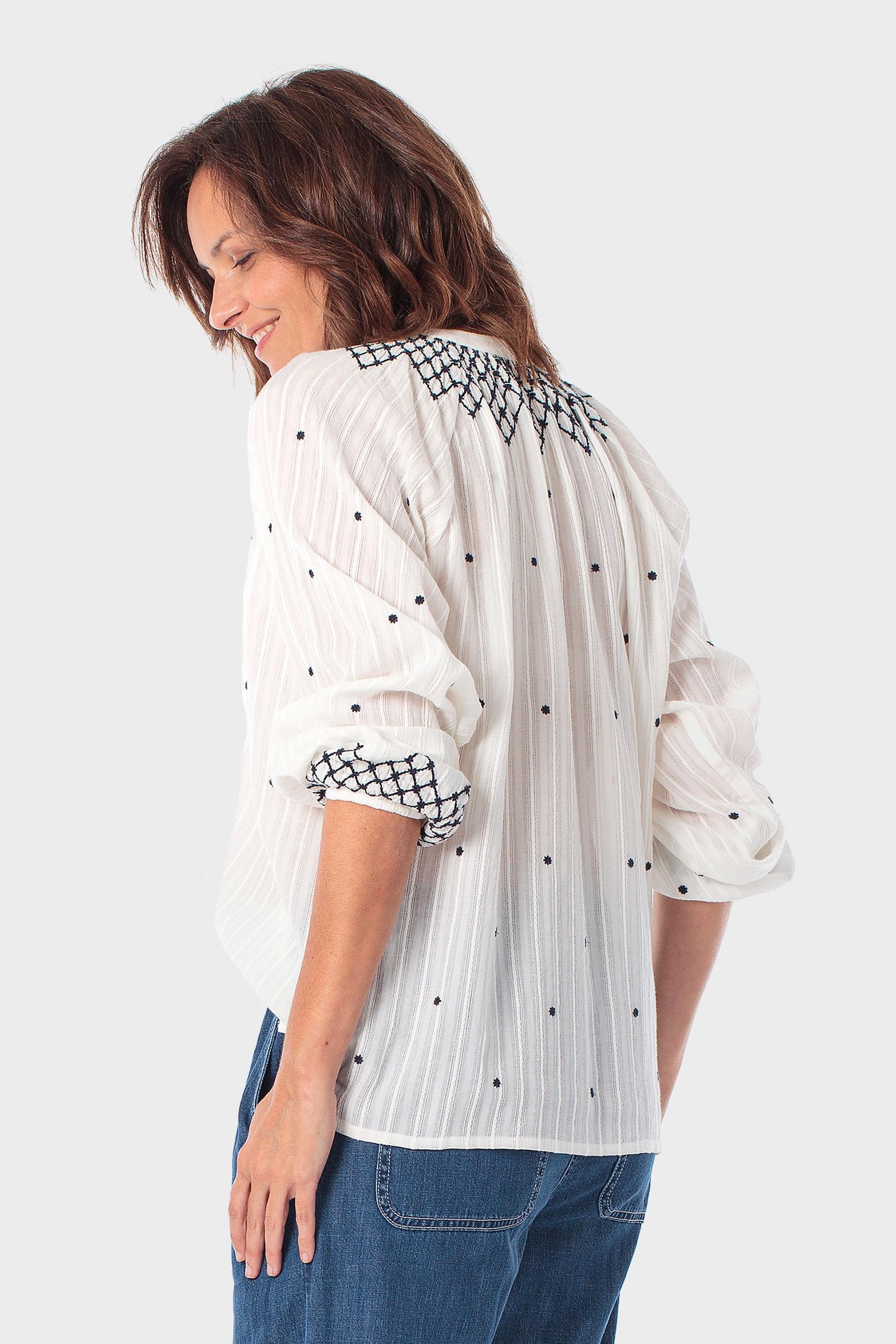 Embroidered Teardrop-Neck Blouse, Beige Talc, medium