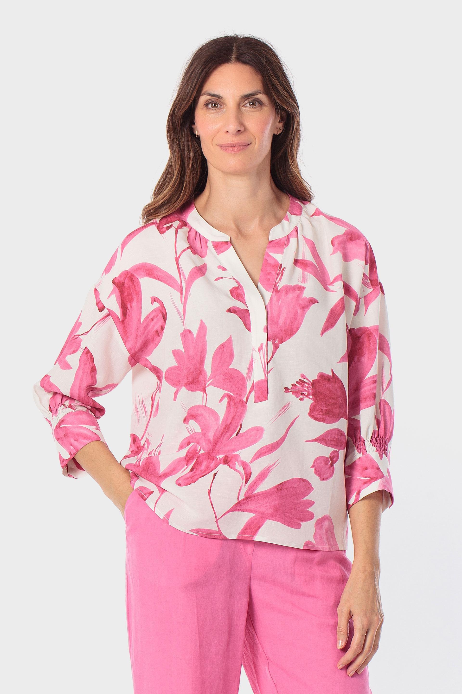 Pink Printed Loose Fitting Blouse, Fuchsia Bouganvilla, large image number 0