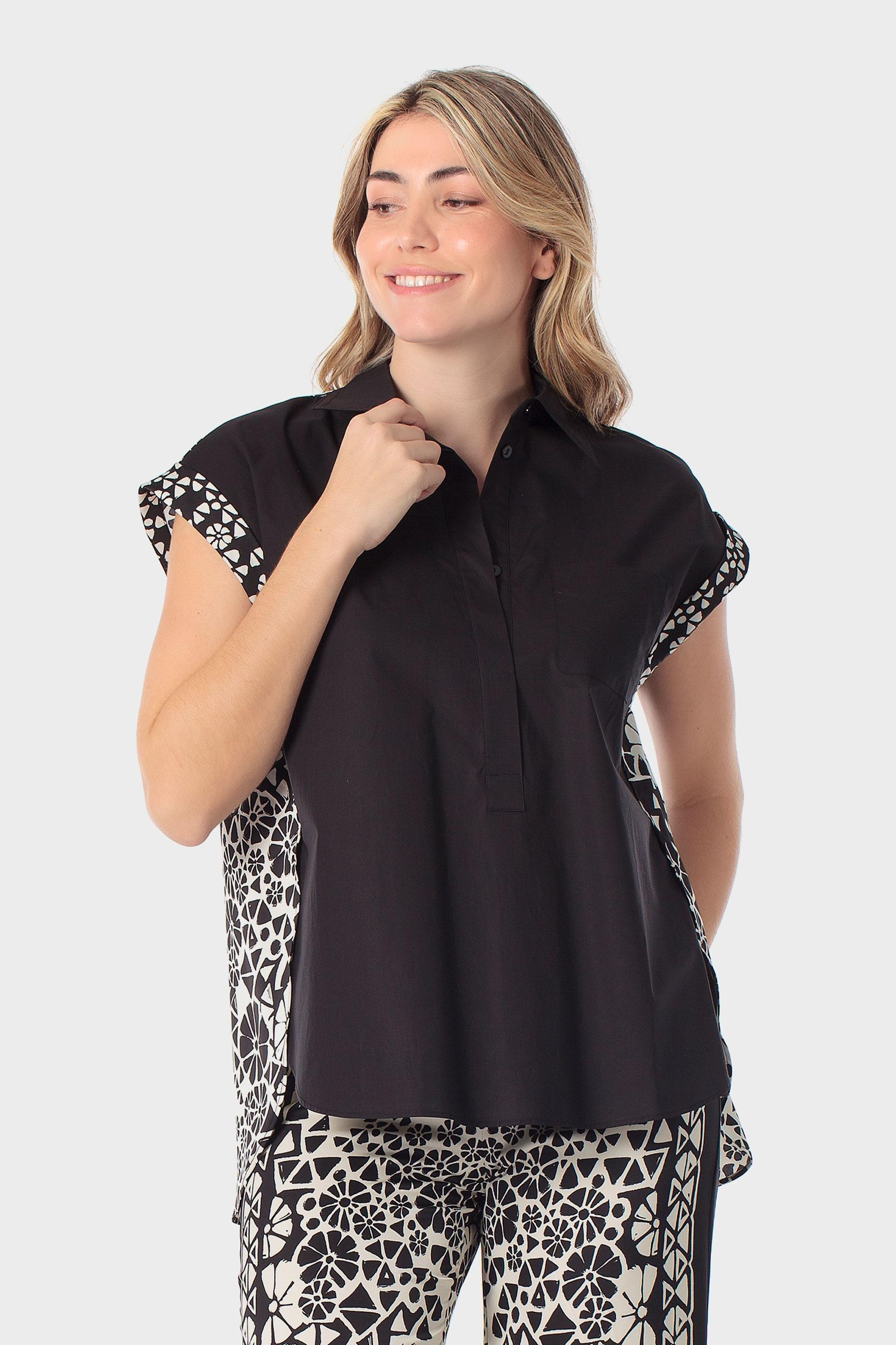 Contrast Panel High-Low Hem Blouse Black, Black, large image number 0
