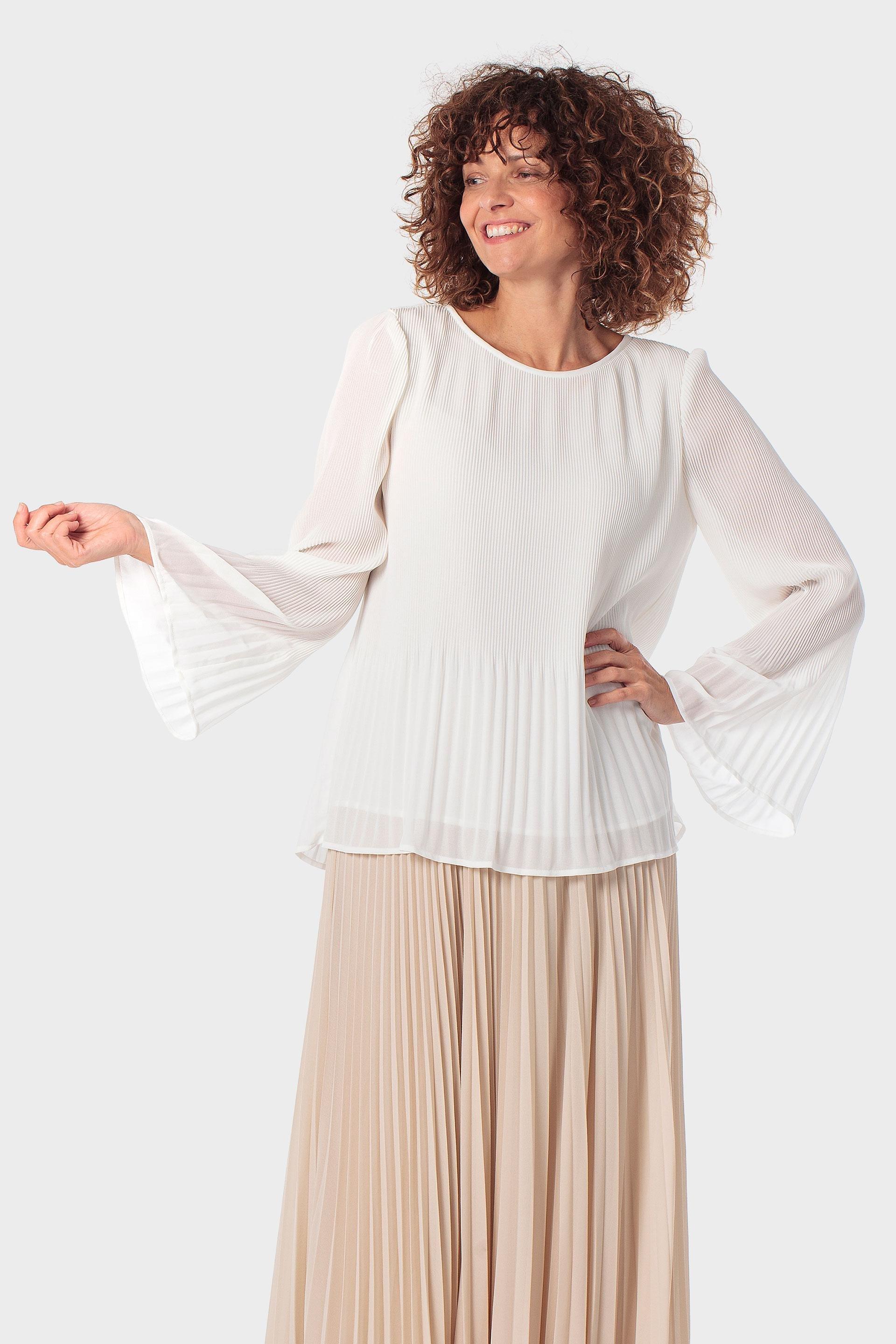 White Pleated Loose Fitting Blouse, White, large