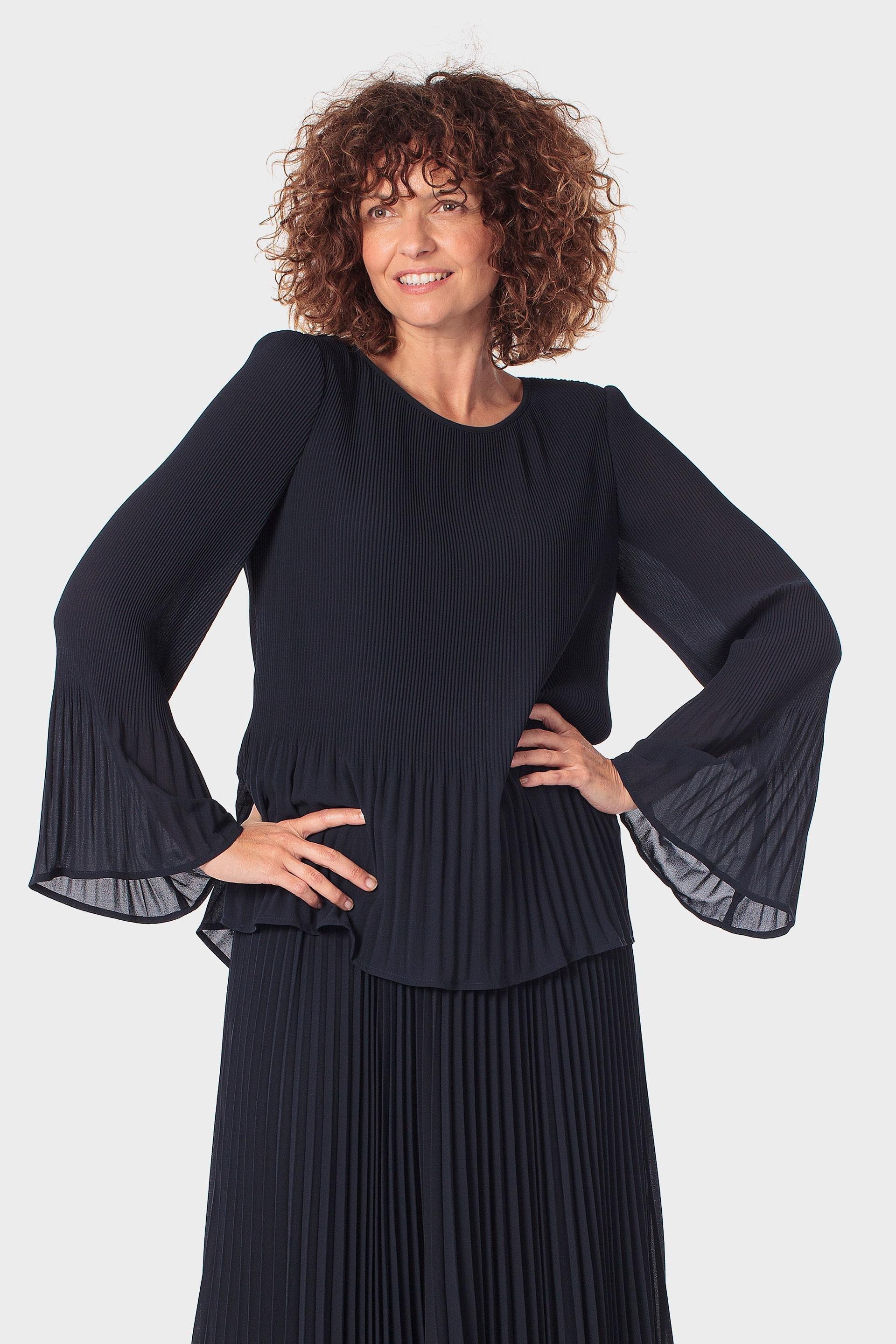 Pleated Bell Sleeve Blouse Blue, Blue Navy, large image number 0