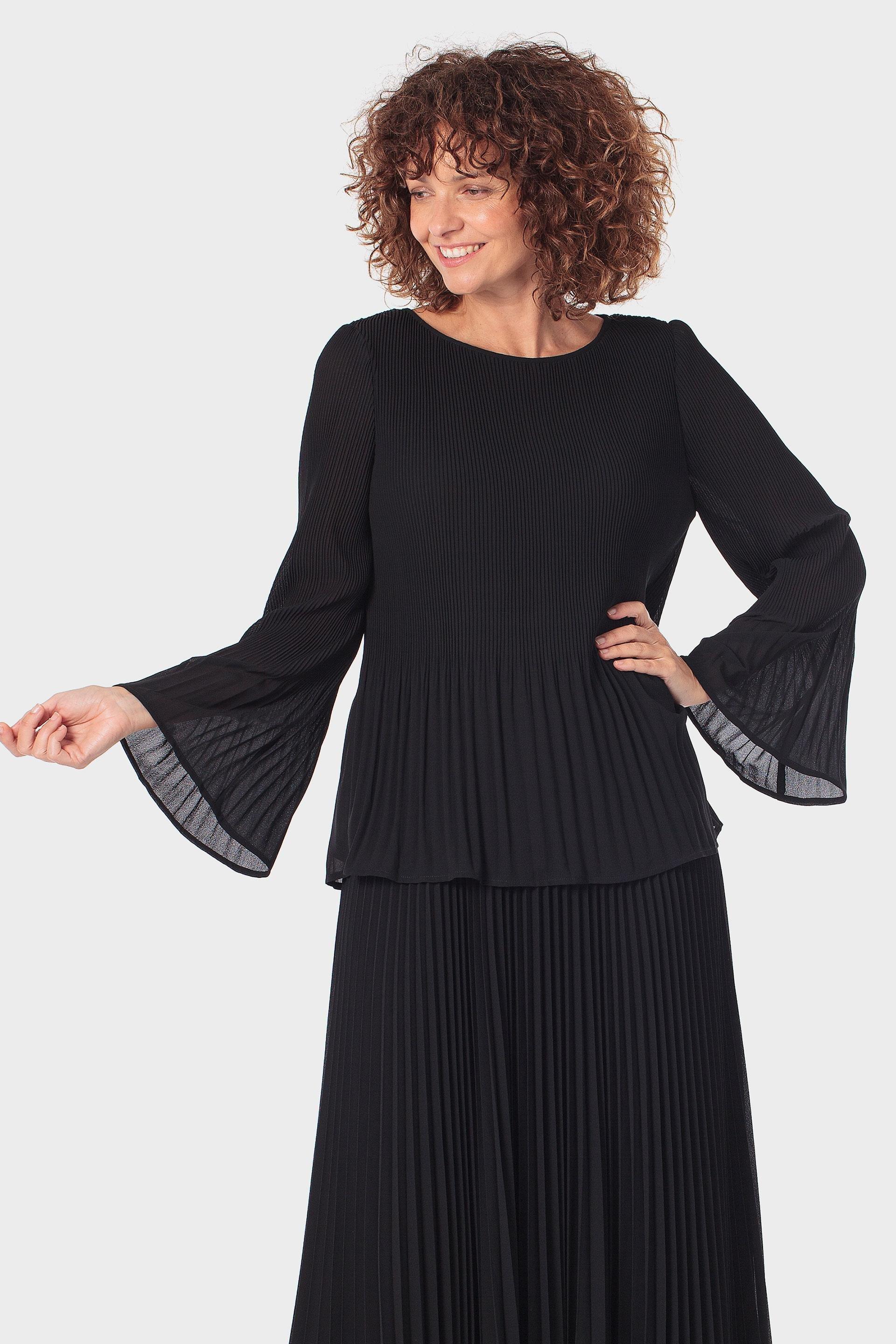 Black Pleated Loose Fitting Blouse, Black, large