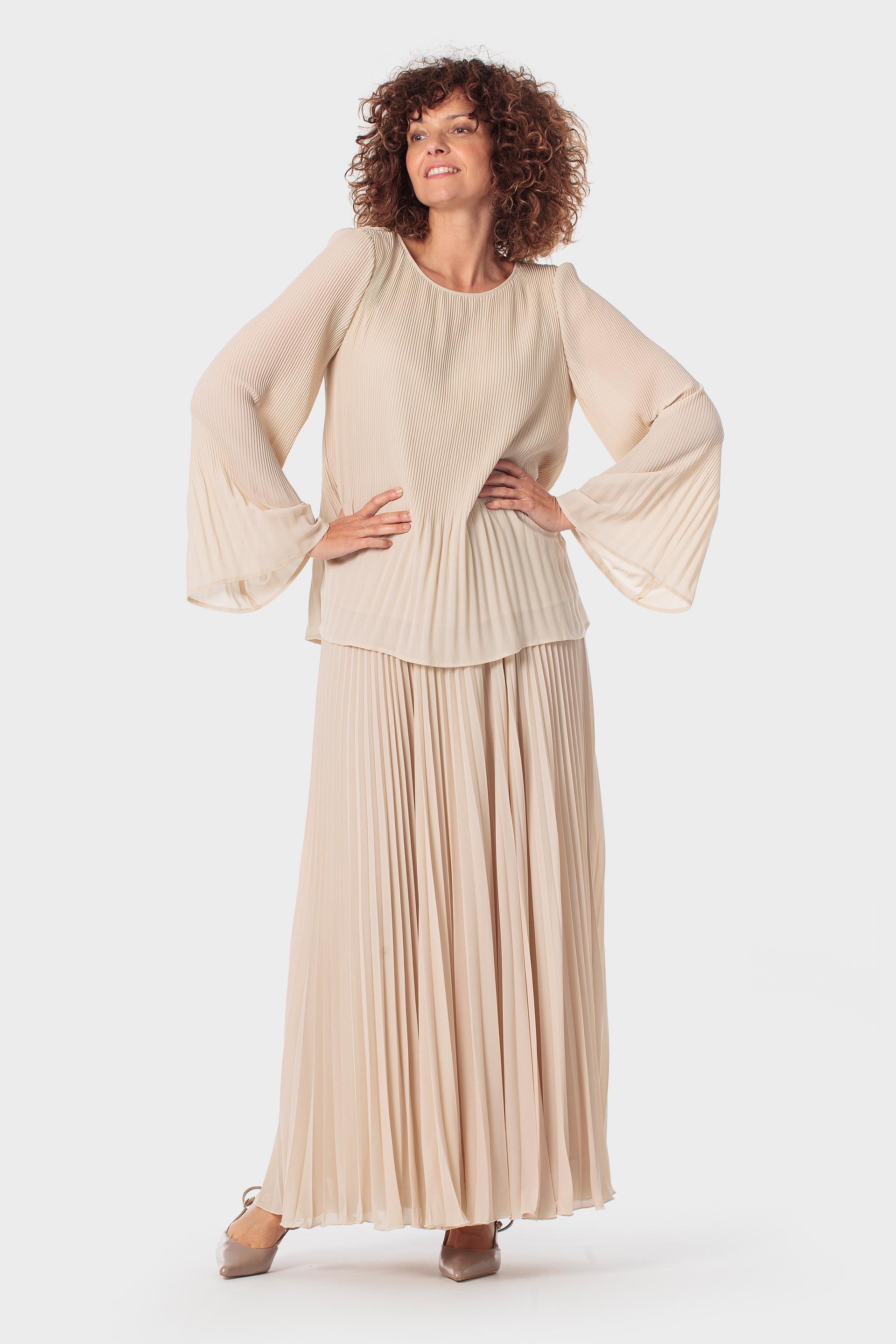Beige Pleated Loose Fitting Blouse, 3701_129, medium