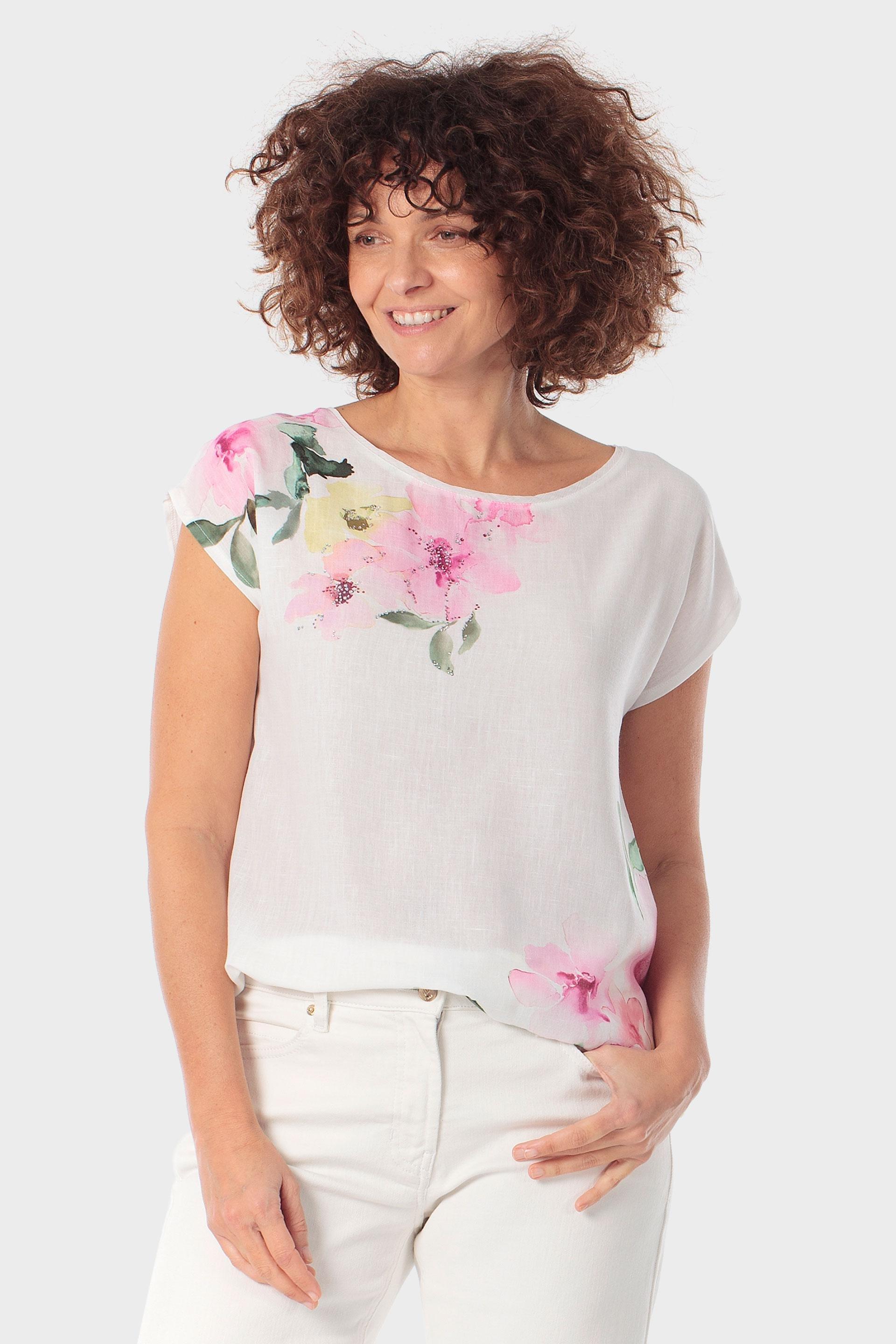 Embellished Floral Print Cap-Sleeve Blouse White, Fuchsia, large image number 0