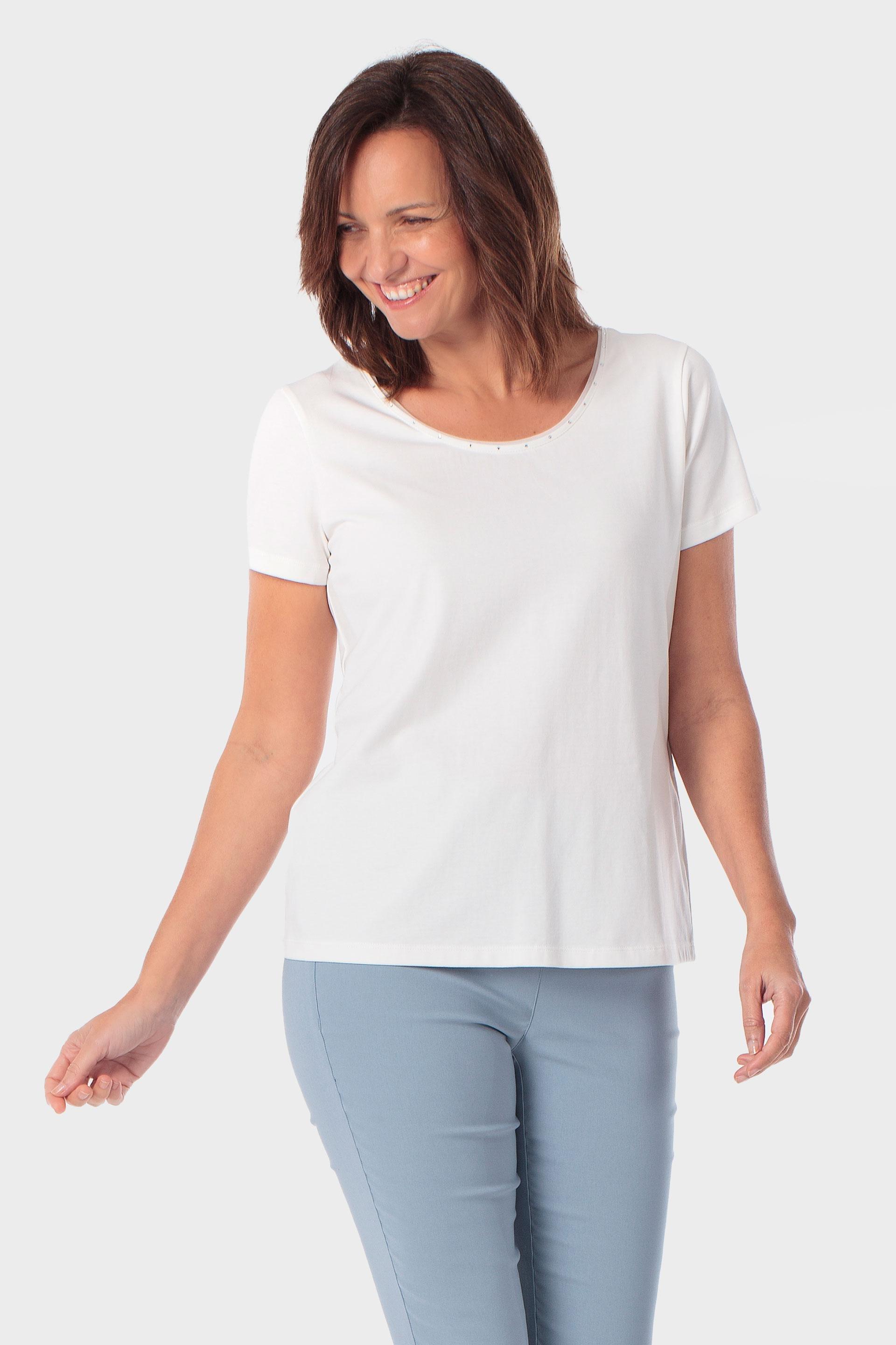 White Basic T-Shirt With Gemstones, Beige Talc, large image number 0
