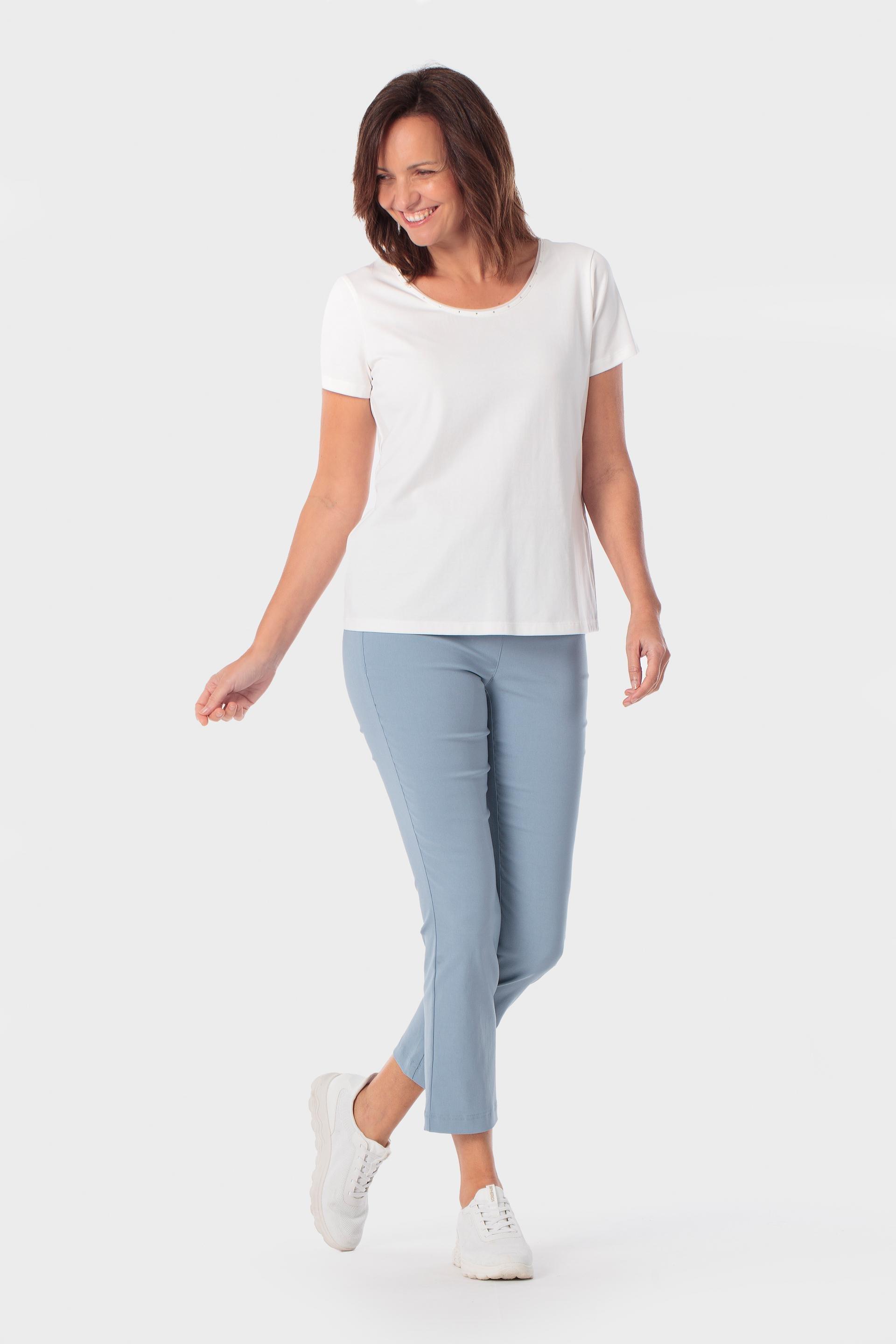 White Basic T-Shirt With Gemstones, Beige Talc, large image number 1