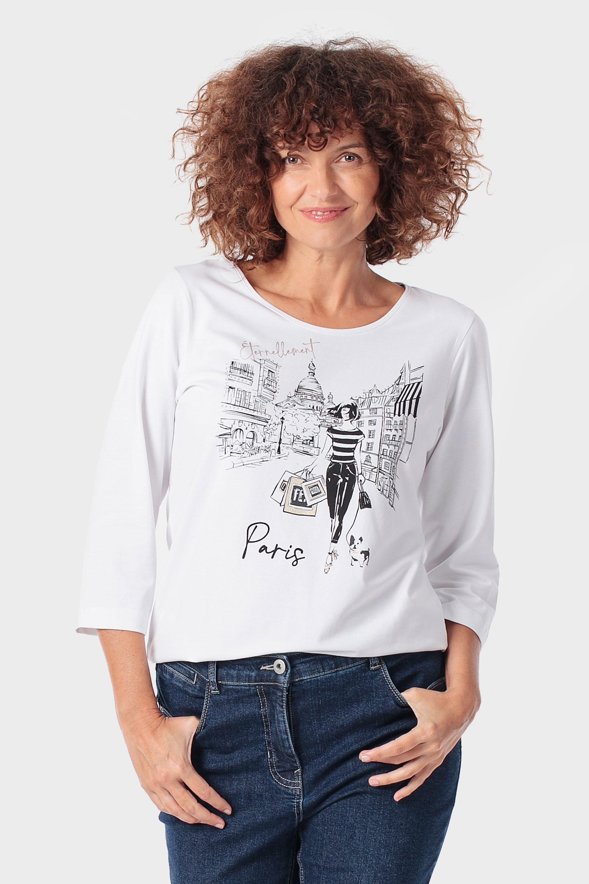 White T-Shirt With A Woman Print, Beige Talc, medium