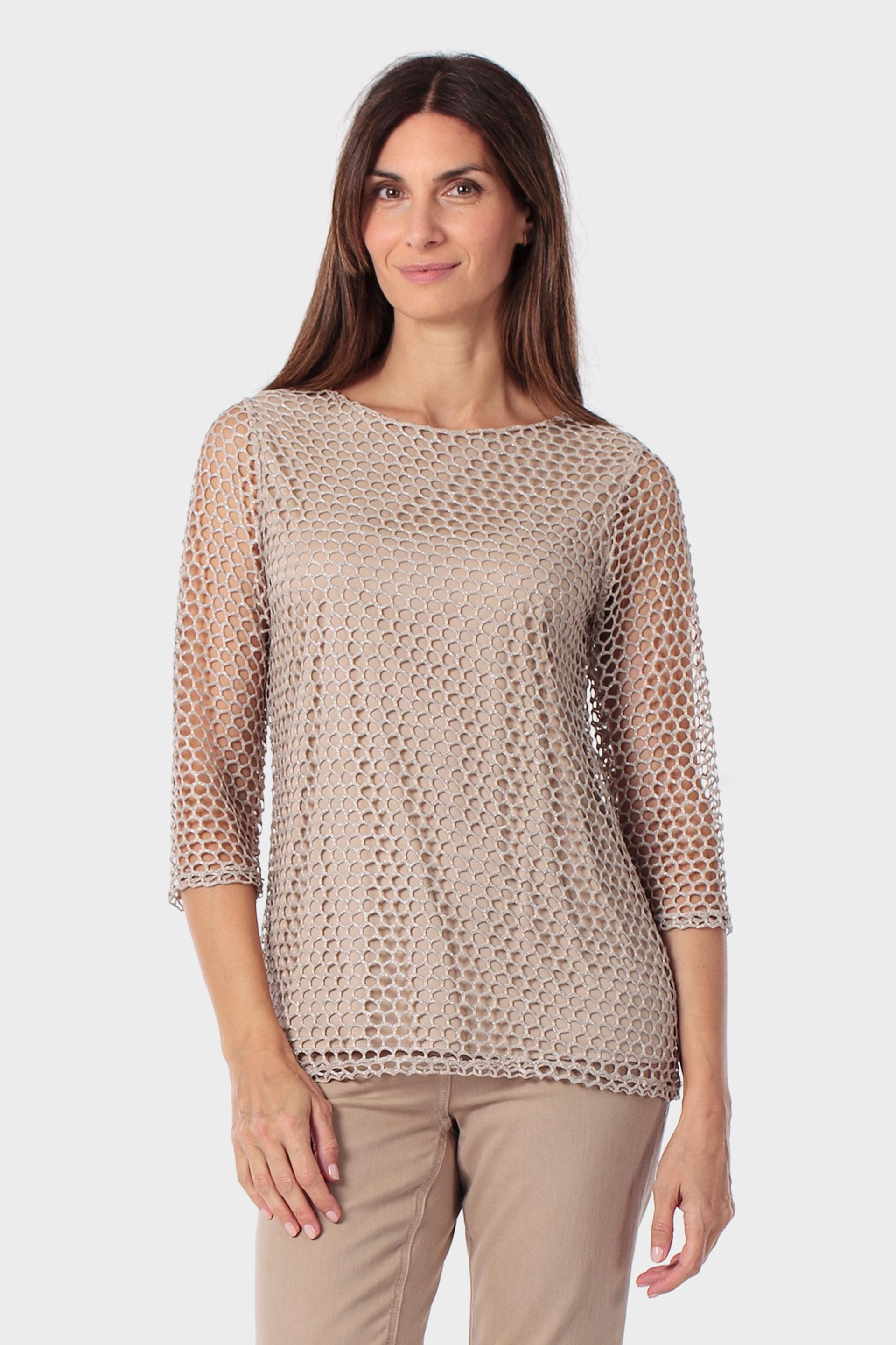 Mesh Round Neck Top, Beige, medium
