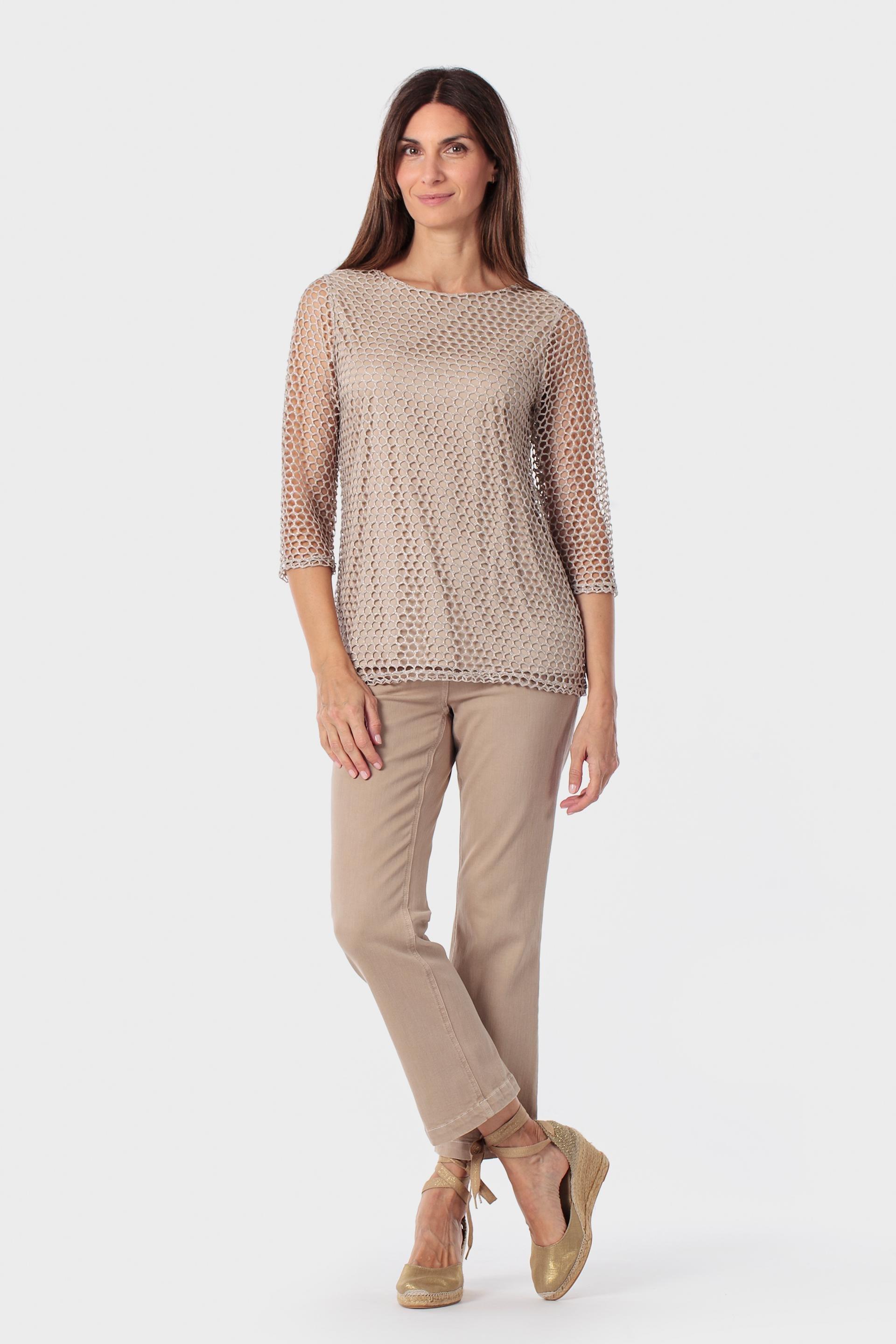 Mesh Round Neck Top, Beige, medium
