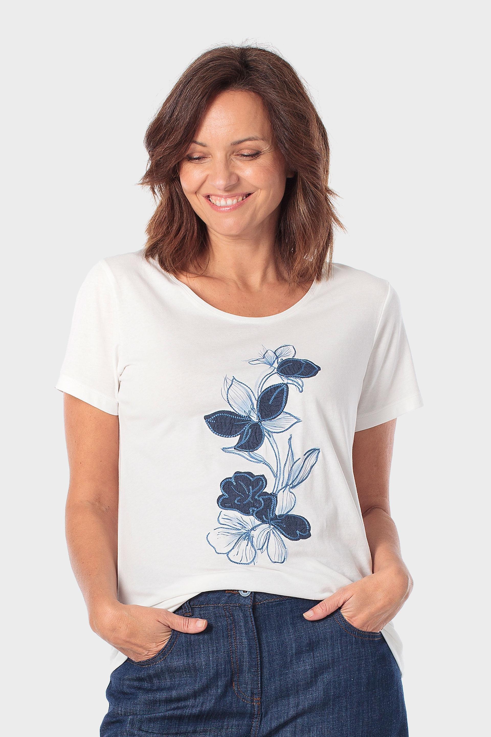 White Floral Embroidered T-Shirt, Beige Talc, large image number 0