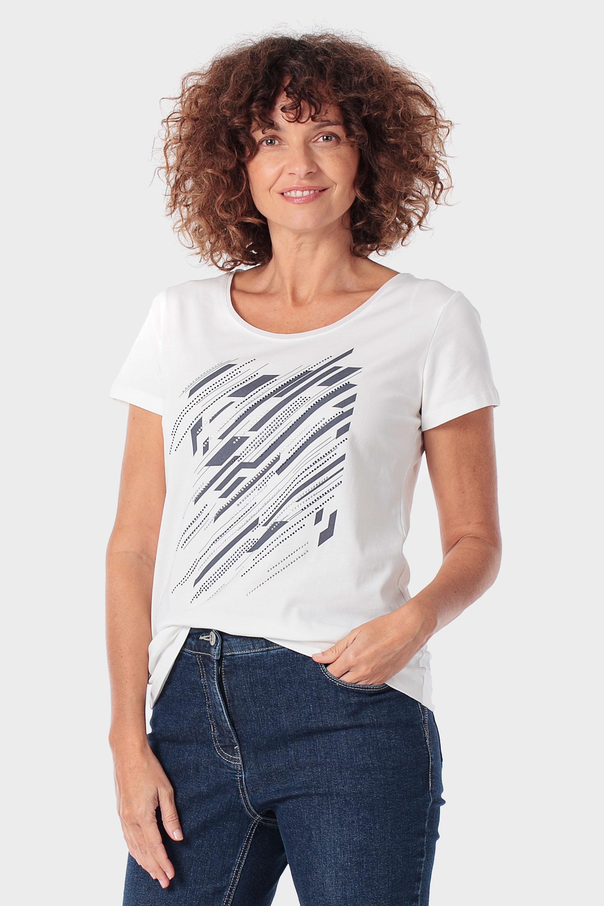 White Printed T-Shirt With Gemstones, 3701_232, large image number 0