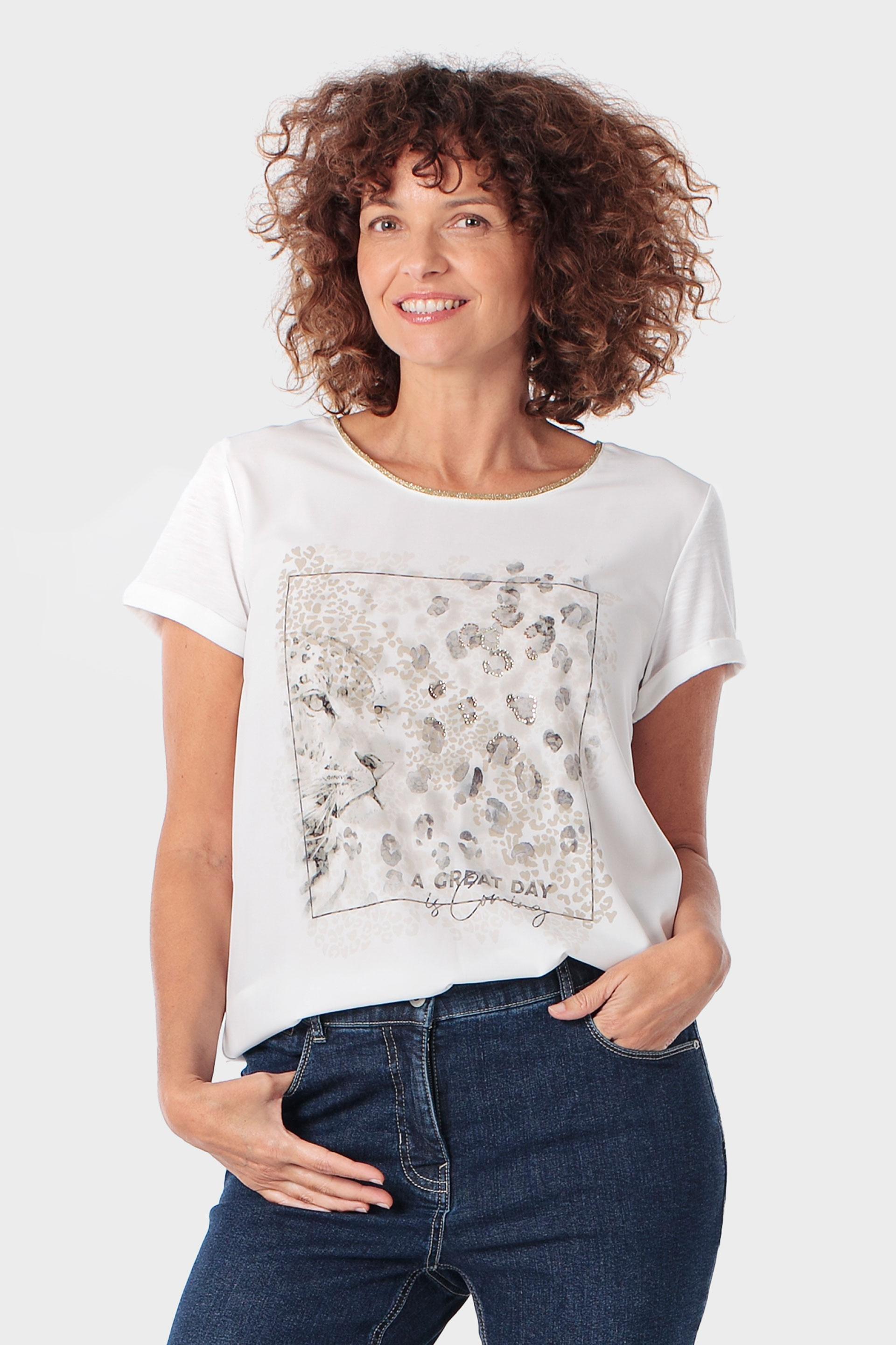 White Animal Print T-Shirt, Beige Talc, large image number 0