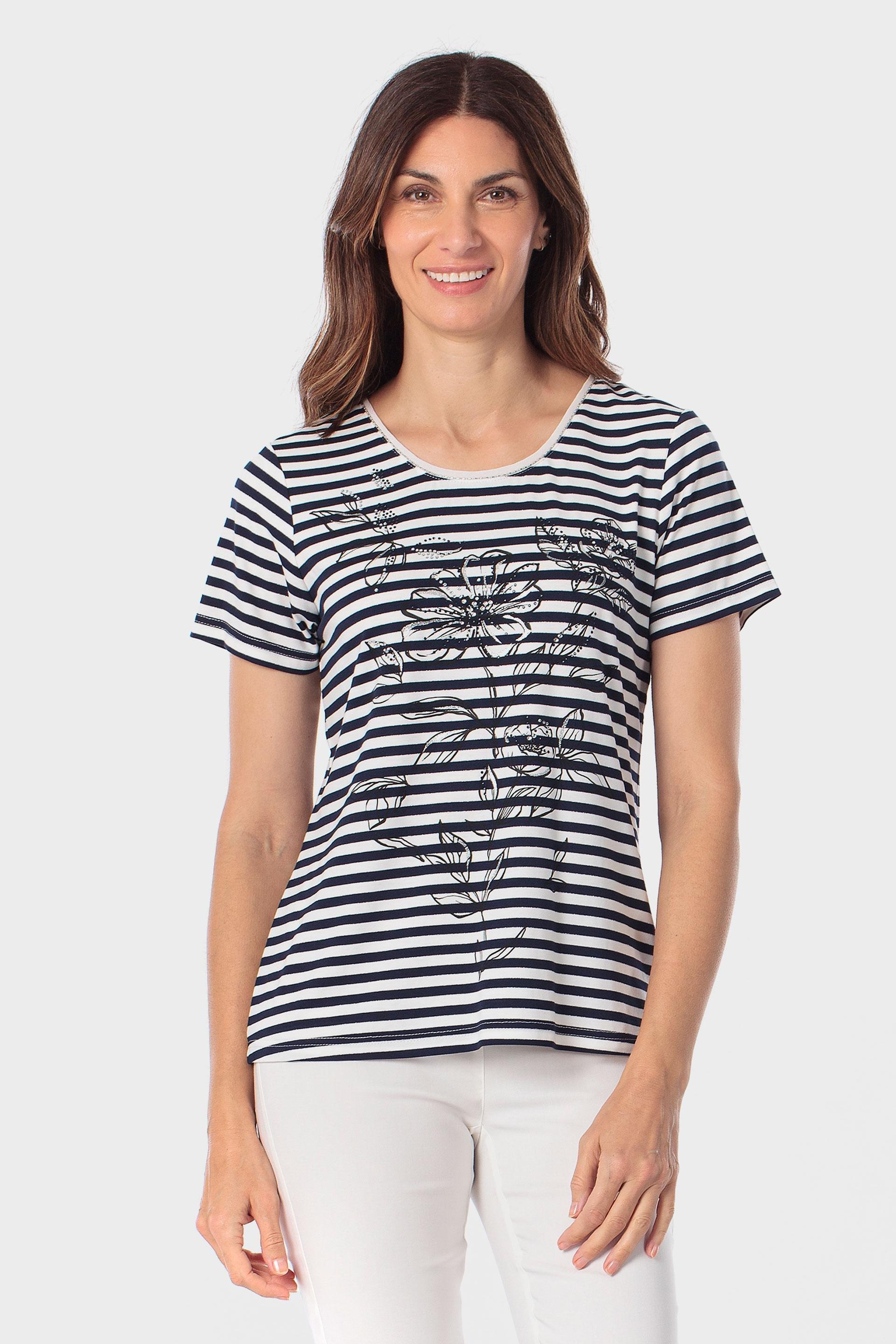 Black Striped T-Shirt With Gemstones, Blue Navy, large image number 0