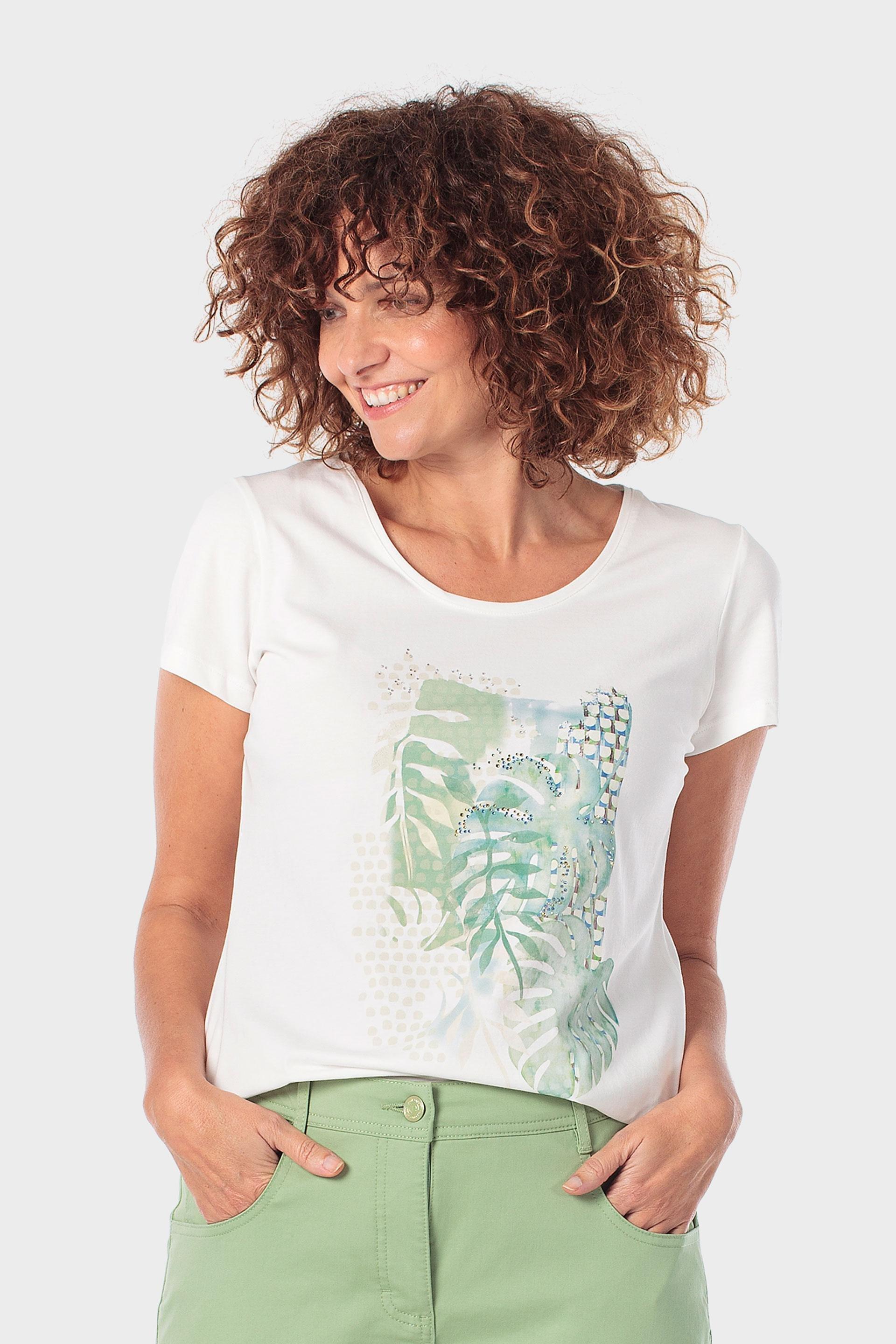 White Tropical Print T-Shirt, Beige Talc, medium