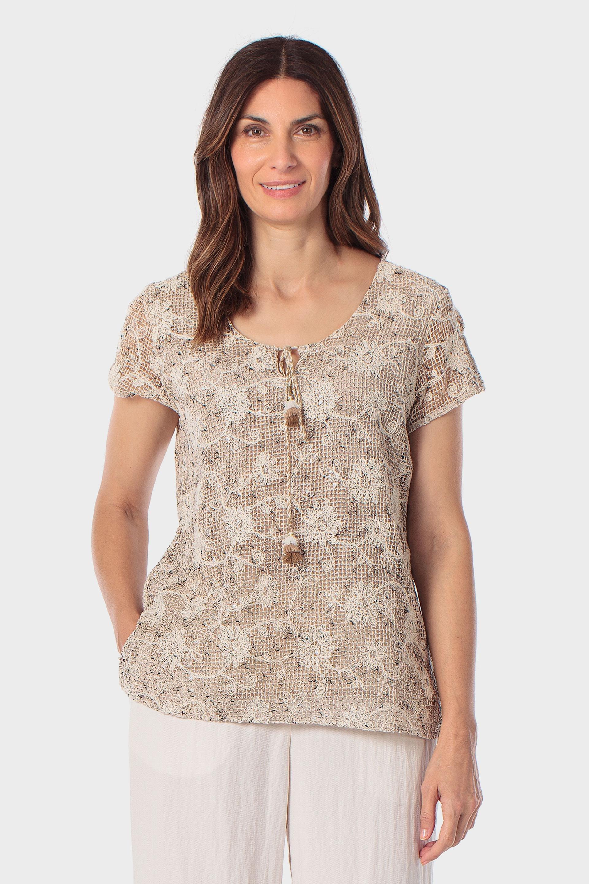 Crochet Printed T-Shirt with Tassel Drawstring Beige, Beige, large image number 0