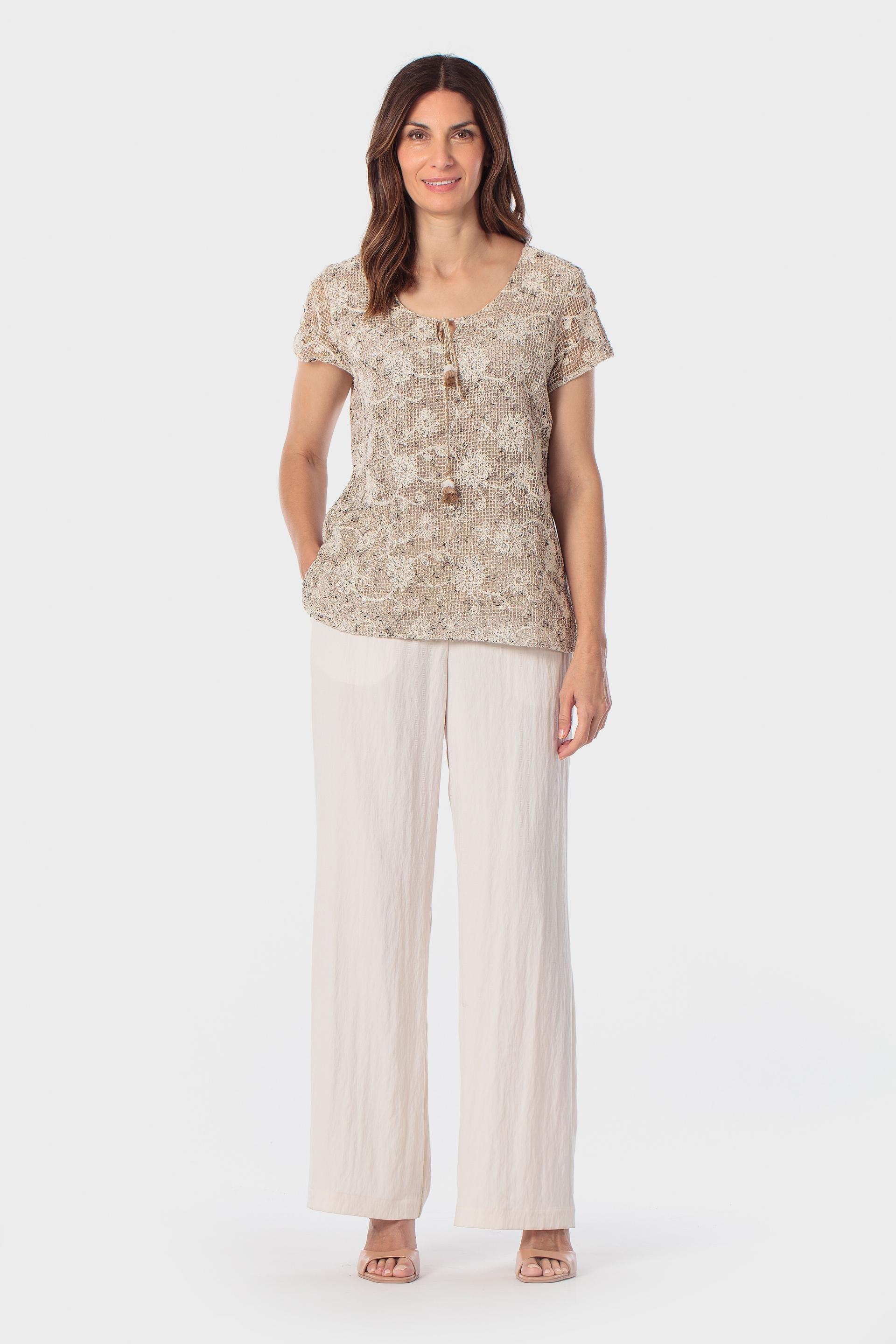 Crochet Printed T-Shirt with Tassel Drawstring Beige, Beige, large image number 1