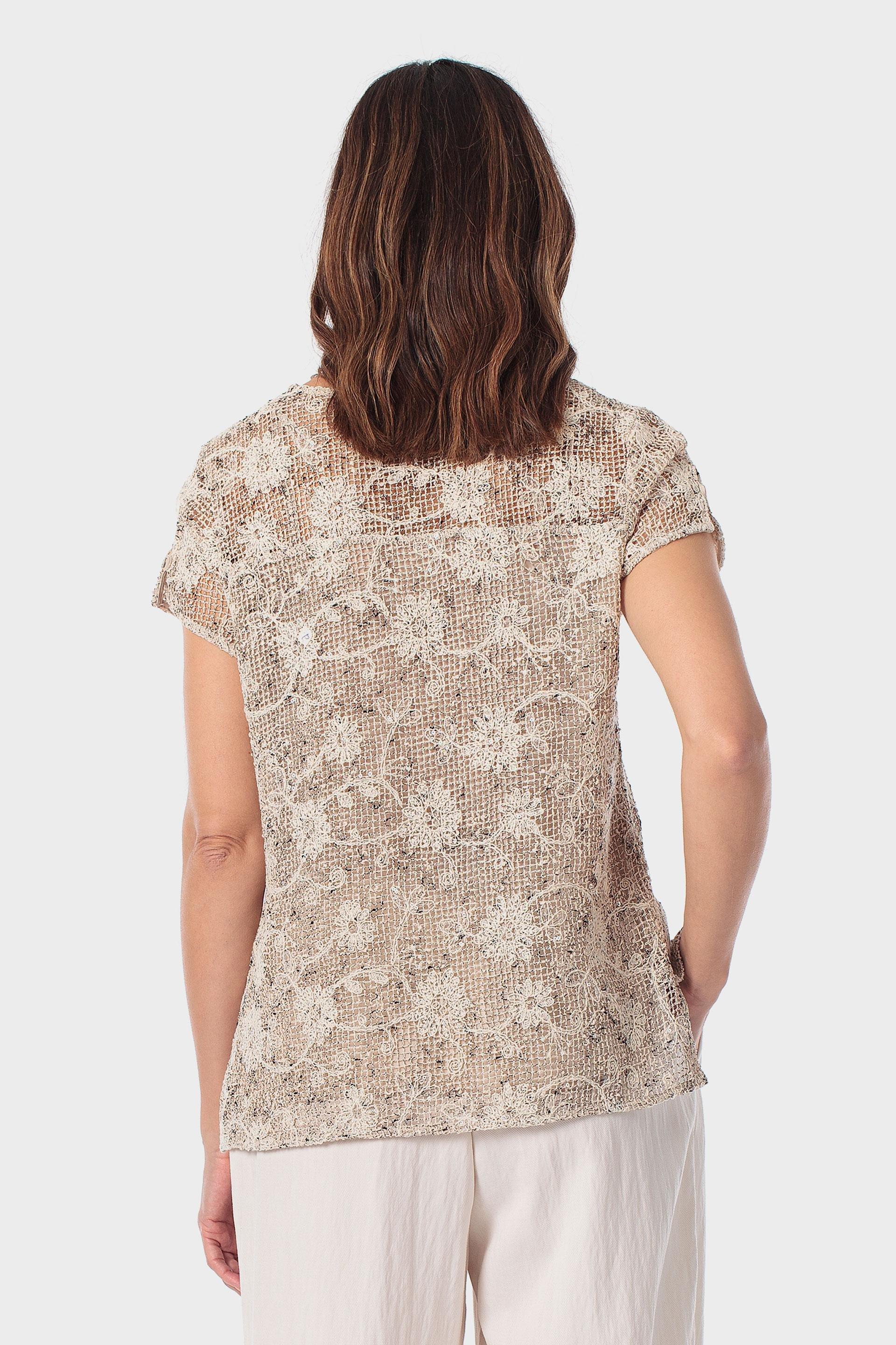 Crochet Printed T-Shirt with Tassel Drawstring, Beige, large image number 2