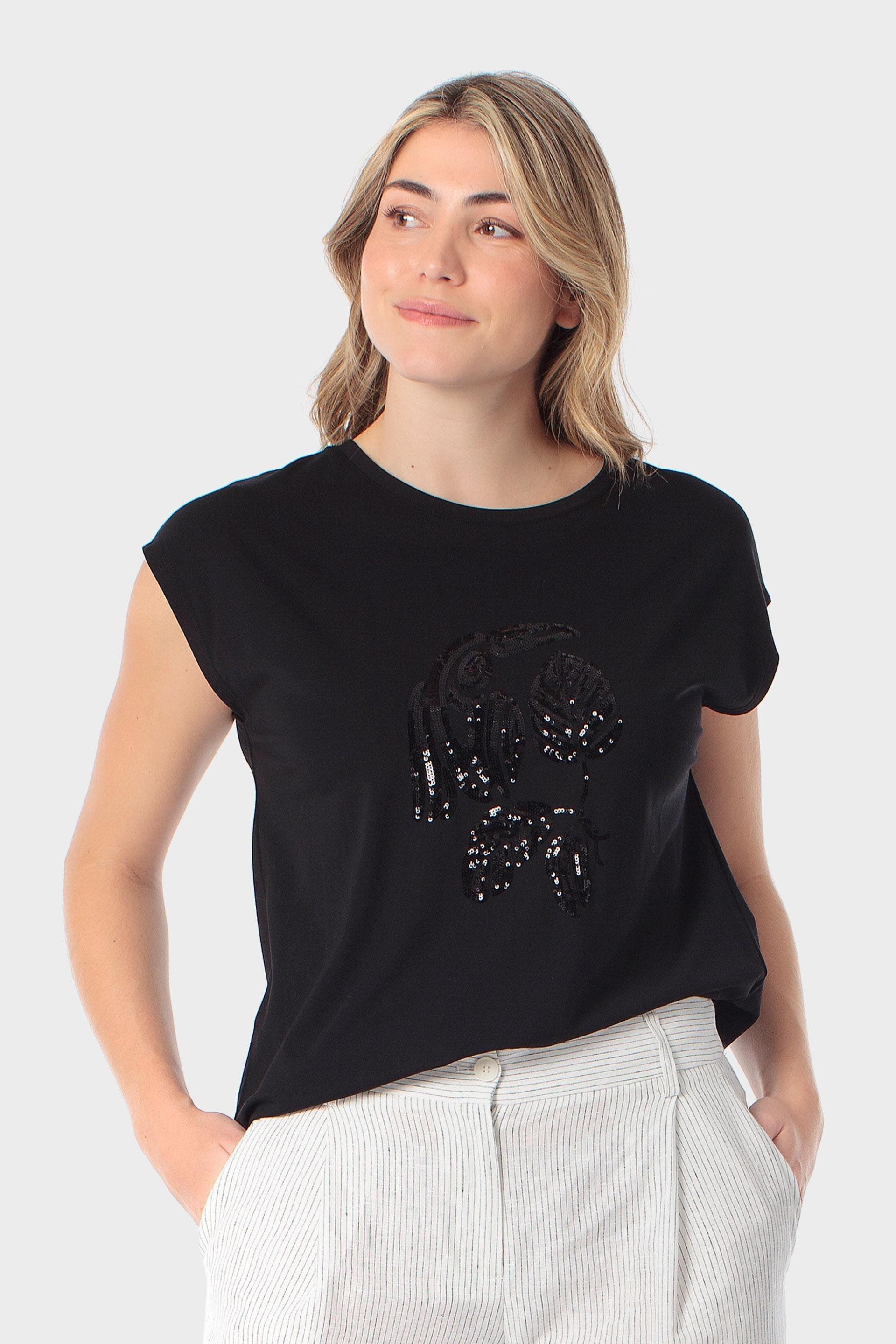 Sequined Floral Motif Cap-Sleeve Top Black, Black, large image number 0