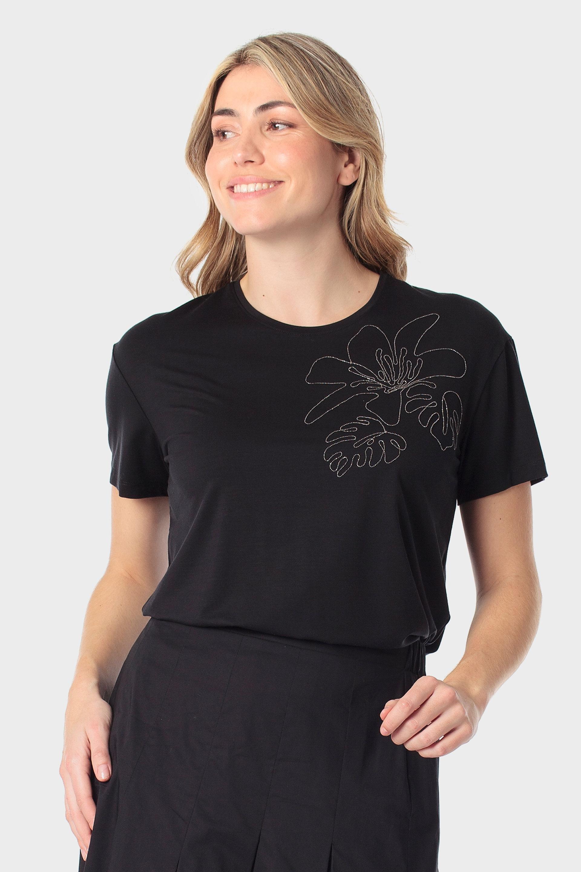 Tonal Floral Outline Lyocell T-Shirt Black, Black, large image number 0