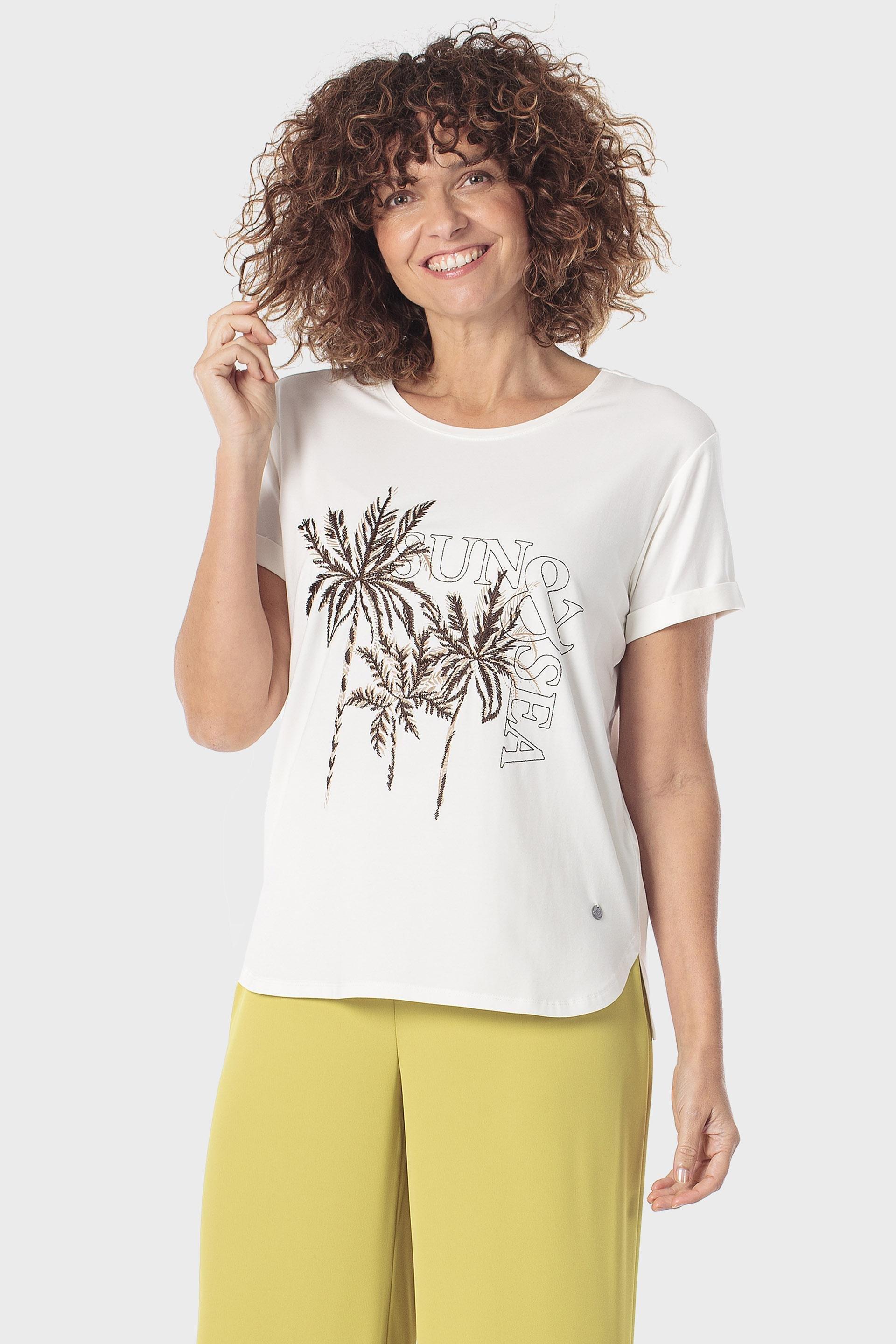 Embroidered T-Shirt with Side Slits, Beige Talc, large
